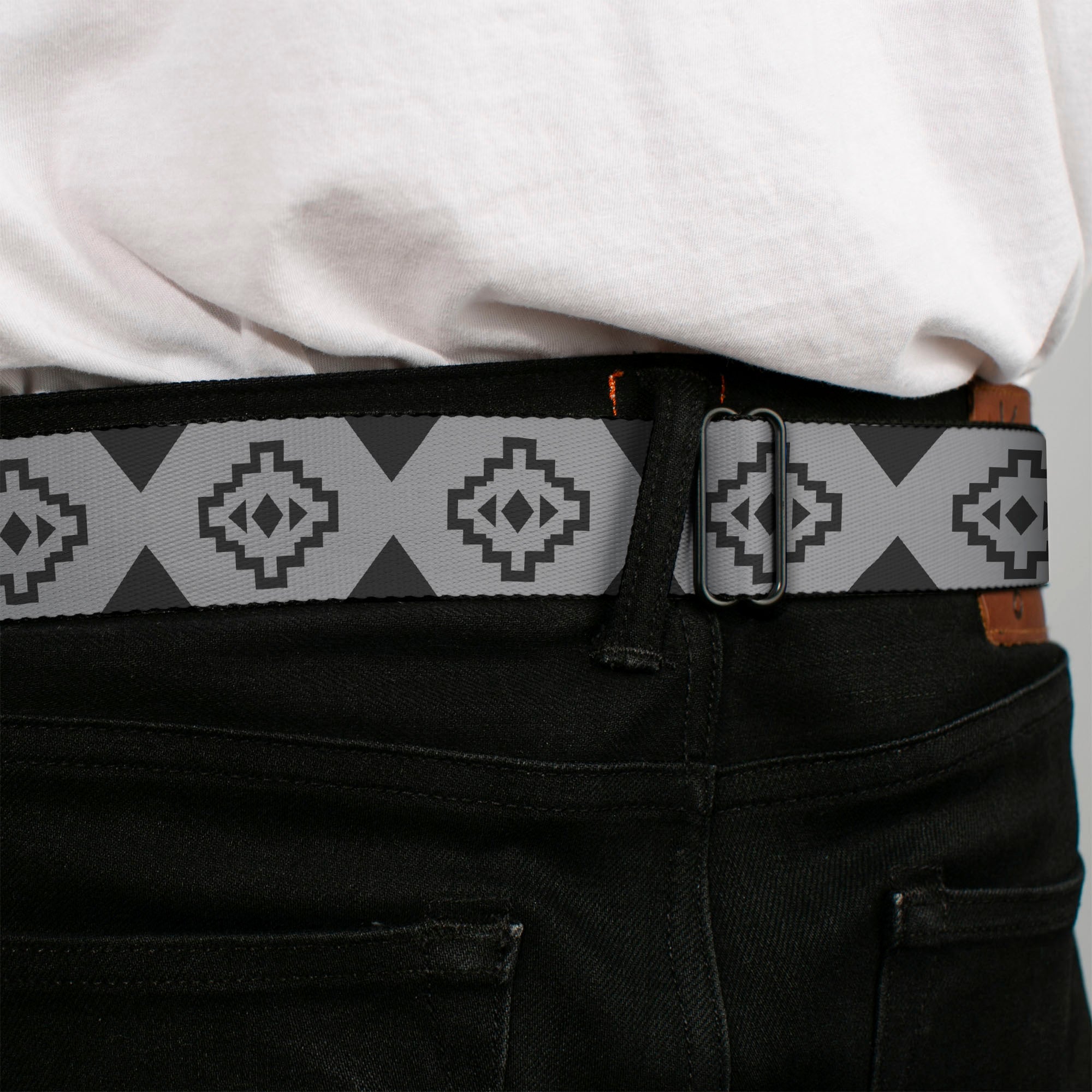 BD Wings Logo CLOSE-UP Black/Silver Seatbelt Belt - Aztec21 Tonal Grays Webbing Seatbelt Belts Buckle-Down