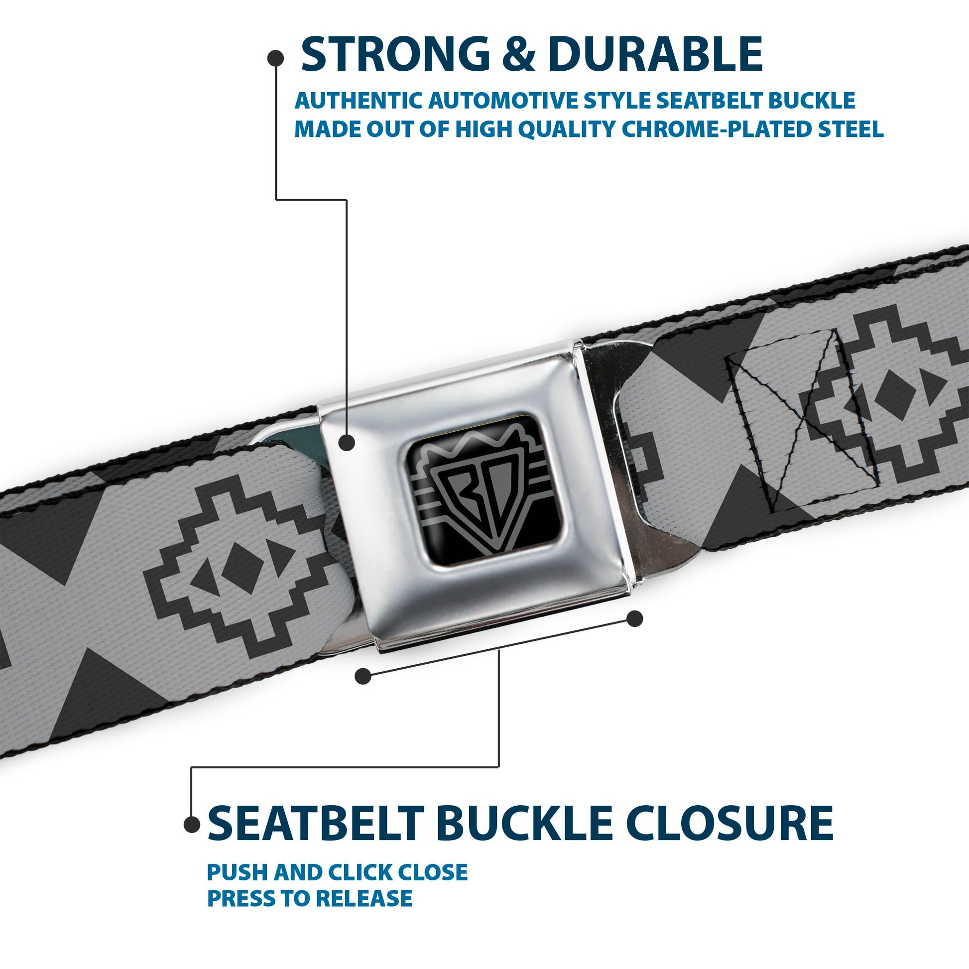 BD Wings Logo CLOSE-UP Black/Silver Seatbelt Belt - Aztec21 Tonal Grays Webbing Seatbelt Belts Buckle-Down