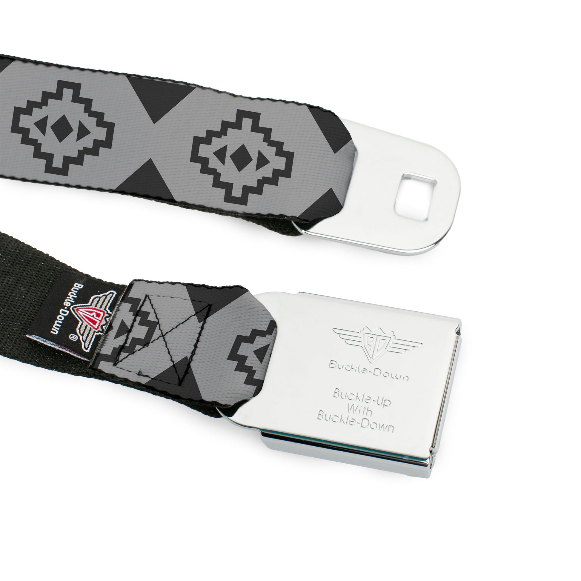 BD Wings Logo CLOSE-UP Black/Silver Seatbelt Belt - Aztec21 Tonal Grays Webbing Seatbelt Belts Buckle-Down