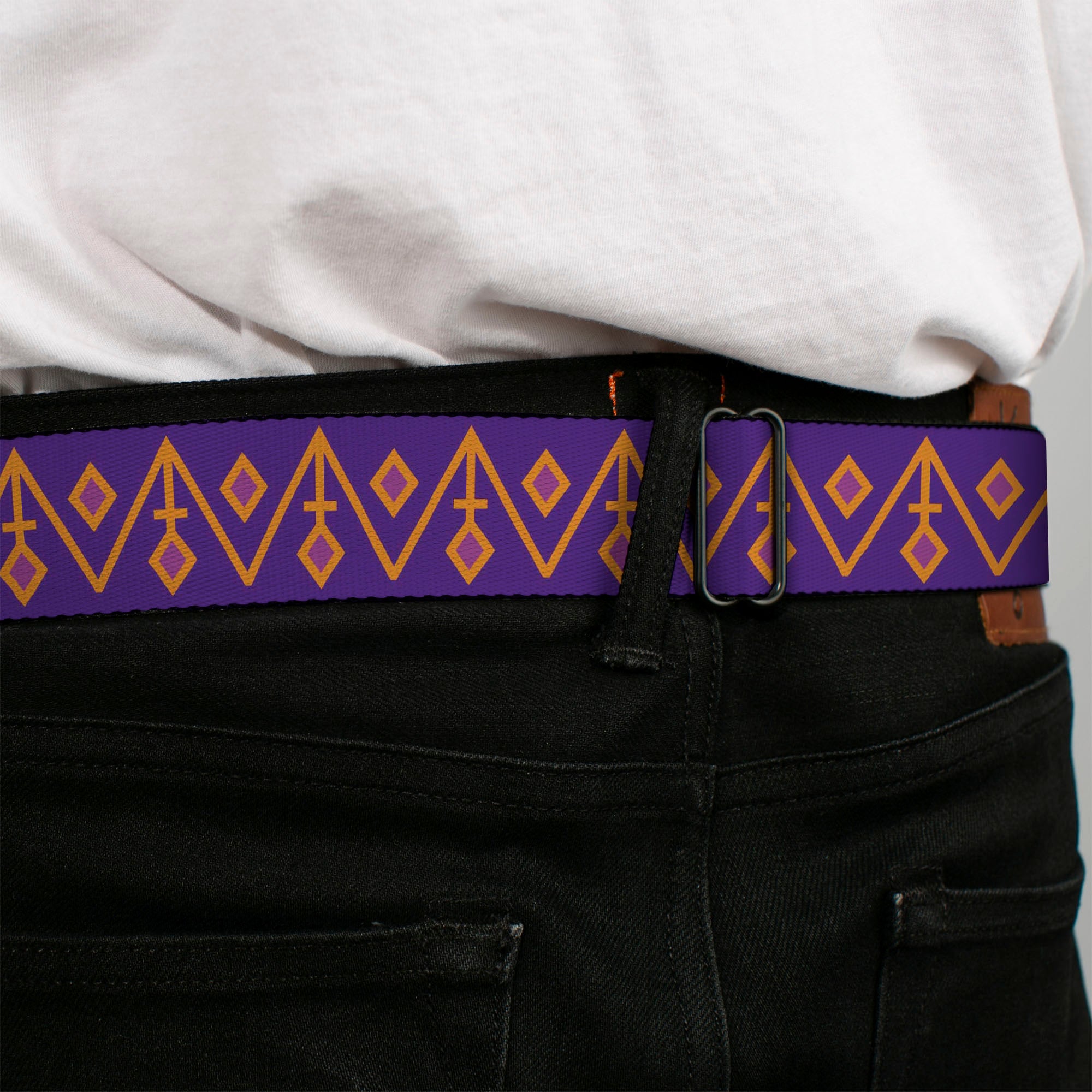 BD Wings Logo CLOSE-UP Black/Silver Seatbelt Belt - Aztec22 Purple/Orange/Pink Webbing Seatbelt Belts Buckle-Down