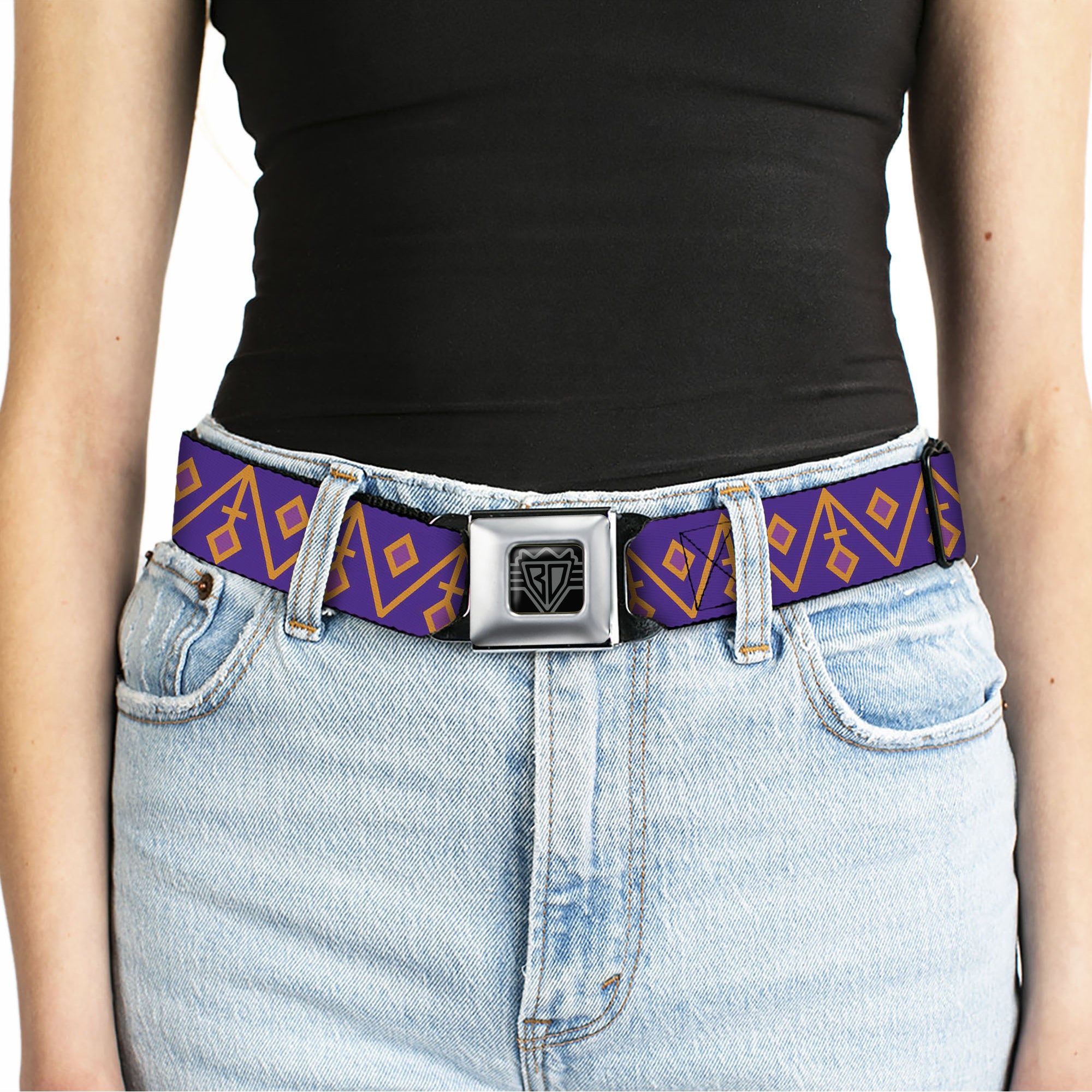 BD Wings Logo CLOSE-UP Black/Silver Seatbelt Belt - Aztec22 Purple/Orange/Pink Webbing Seatbelt Belts Buckle-Down