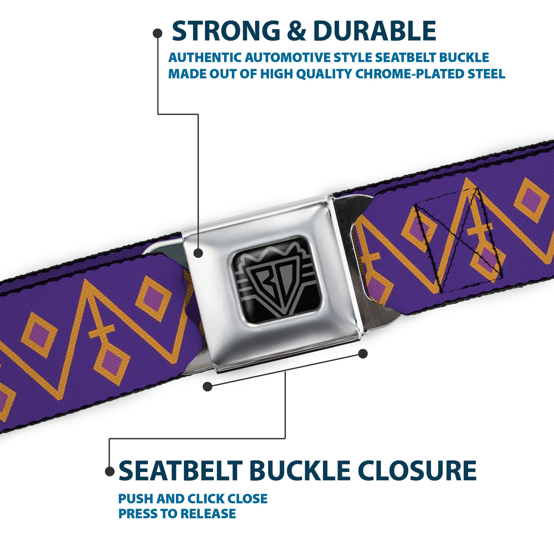 BD Wings Logo CLOSE-UP Black/Silver Seatbelt Belt - Aztec22 Purple/Orange/Pink Webbing Seatbelt Belts Buckle-Down
