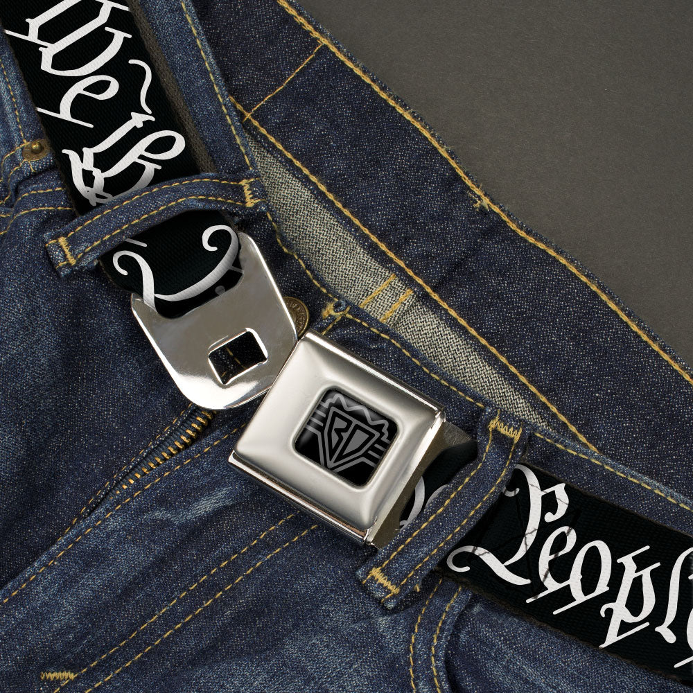BD Wings Logo CLOSE-UP Black/Silver Seatbelt Belt - Americana Flag/WE THE PEOPLE Black/White Webbing Seatbelt Belts Buckle-Down