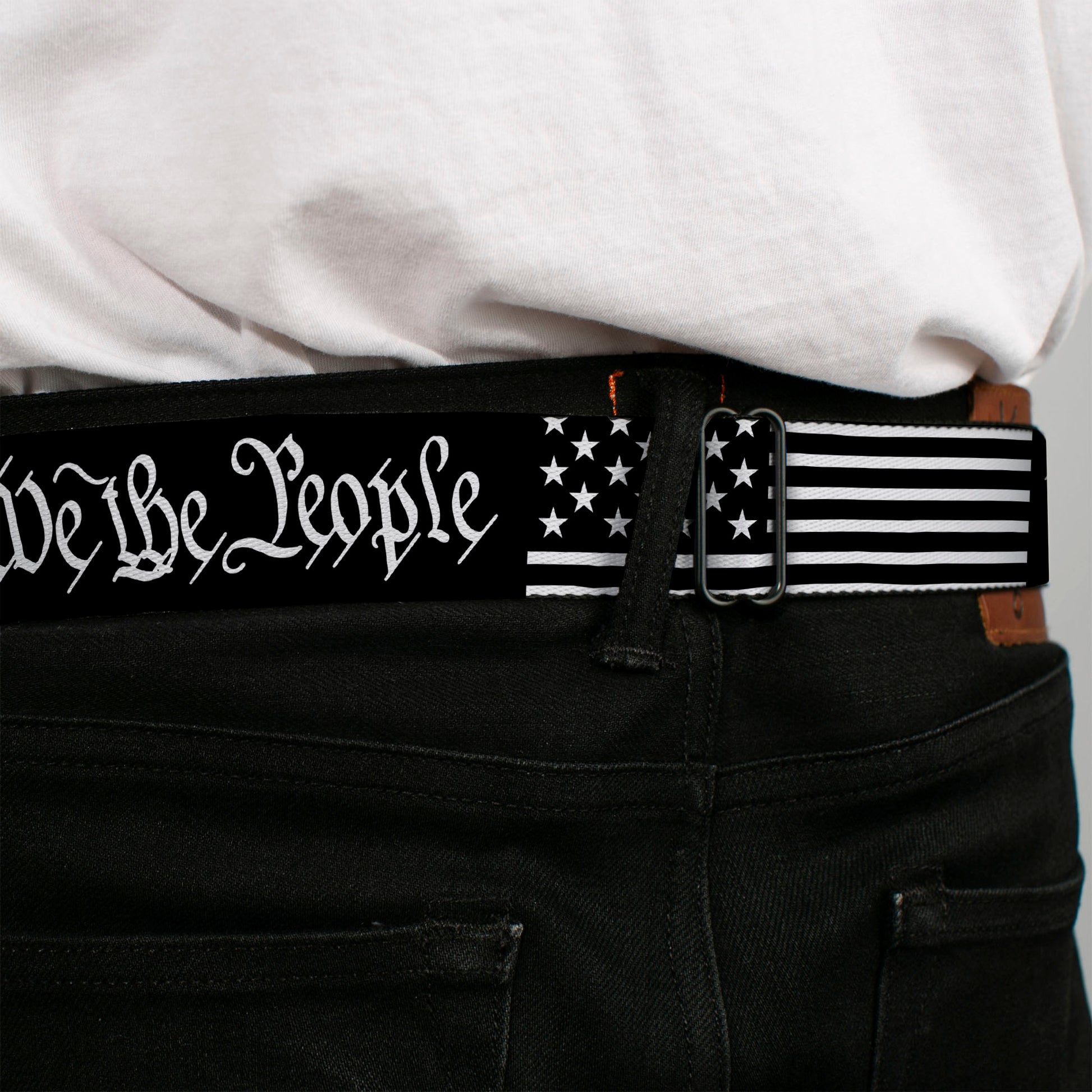 BD Wings Logo CLOSE-UP Black/Silver Seatbelt Belt - Americana Flag/WE THE PEOPLE Black/White Webbing Seatbelt Belts Buckle-Down