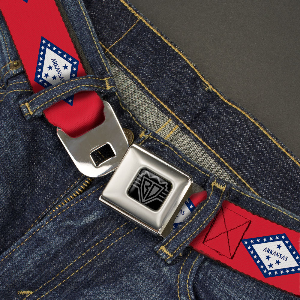 BD Wings Logo CLOSE-UP Black/Silver Seatbelt Belt - Arkansas Flag Red/Blue/White Webbing Seatbelt Belts Buckle-Down