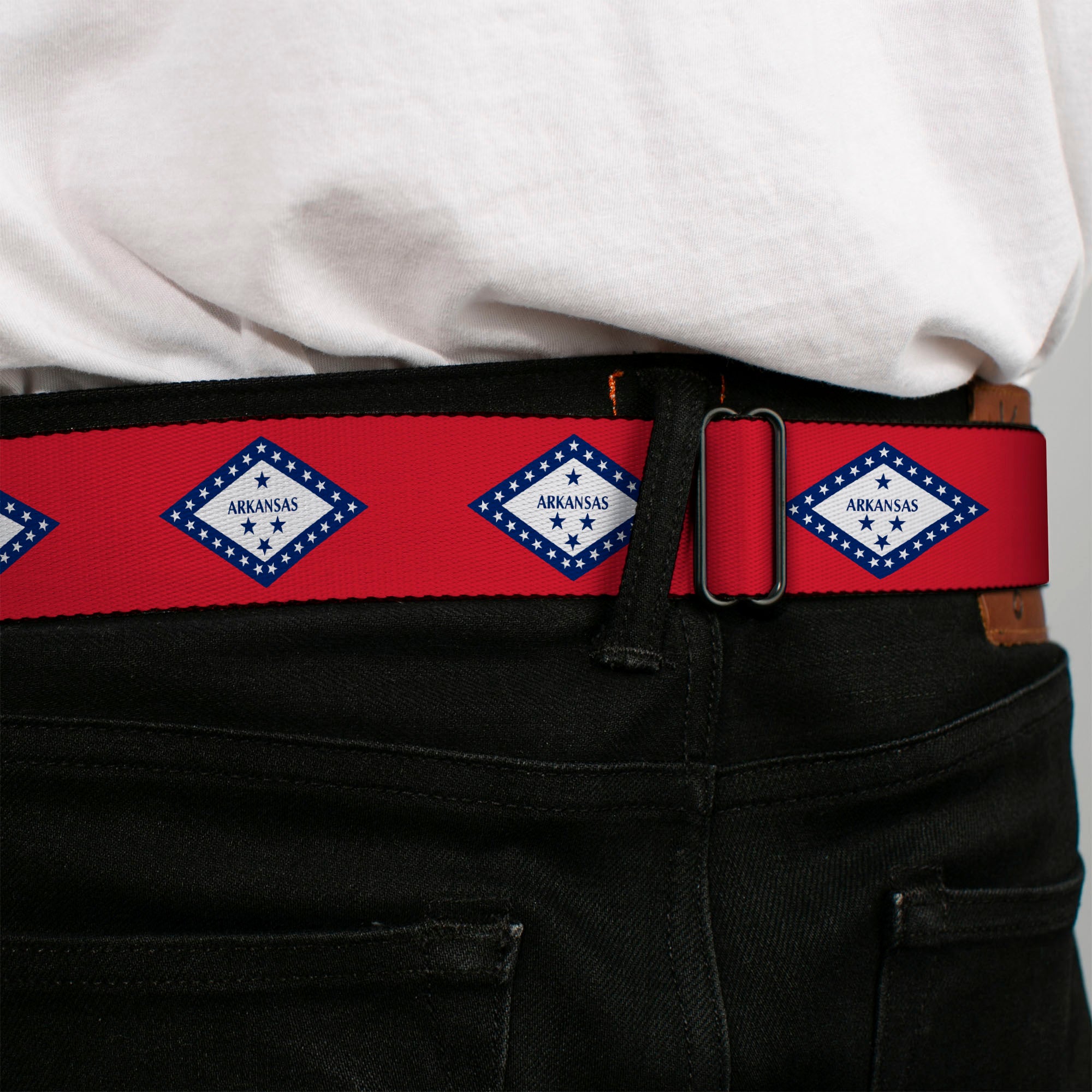 BD Wings Logo CLOSE-UP Black/Silver Seatbelt Belt - Arkansas Flag Red/Blue/White Webbing Seatbelt Belts Buckle-Down