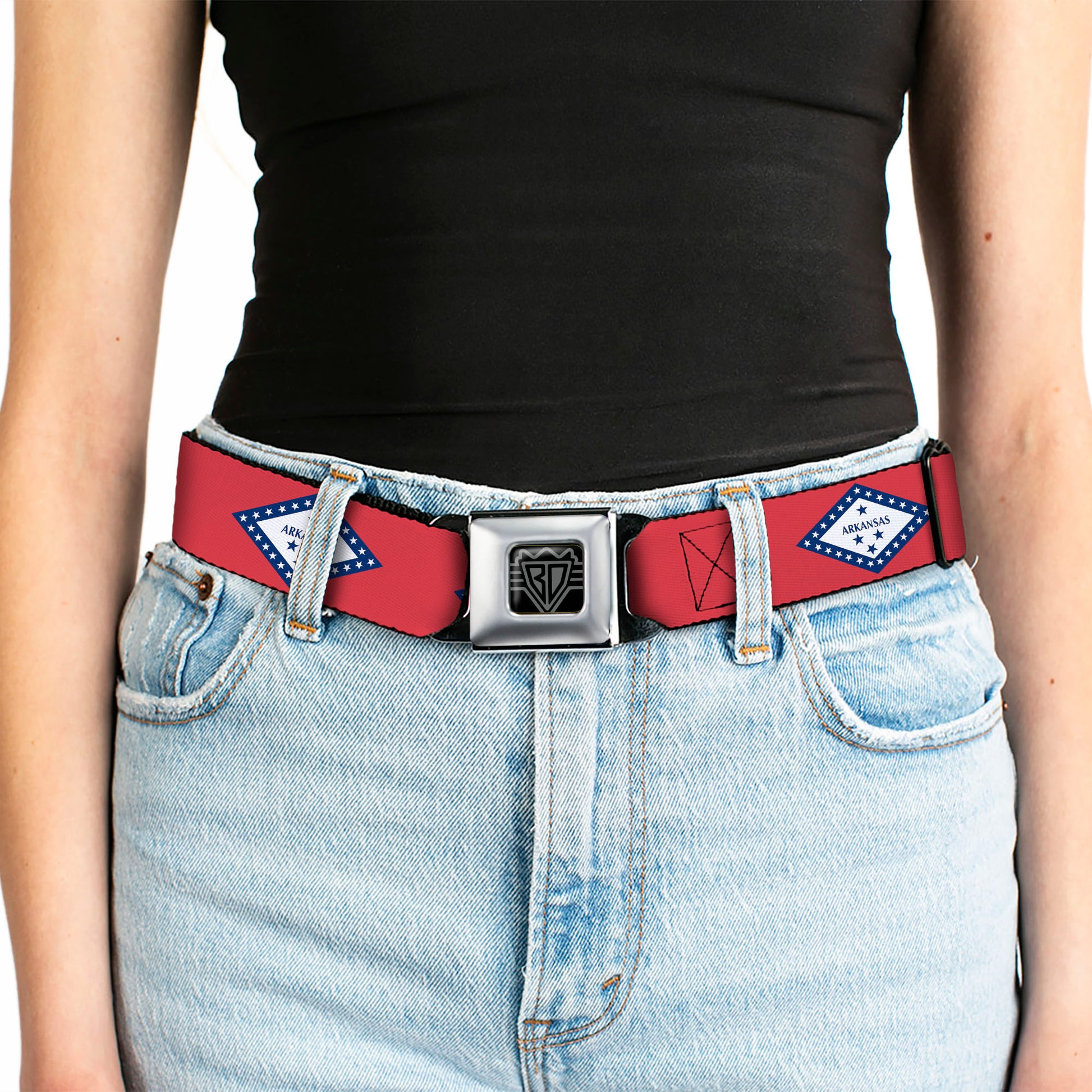 BD Wings Logo CLOSE-UP Black/Silver Seatbelt Belt - Arkansas Flag Red/Blue/White Webbing Seatbelt Belts Buckle-Down