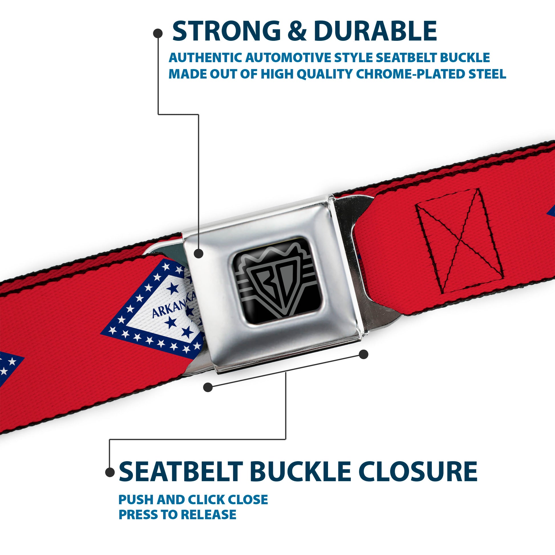 BD Wings Logo CLOSE-UP Black/Silver Seatbelt Belt - Arkansas Flag Red/Blue/White Webbing Seatbelt Belts Buckle-Down