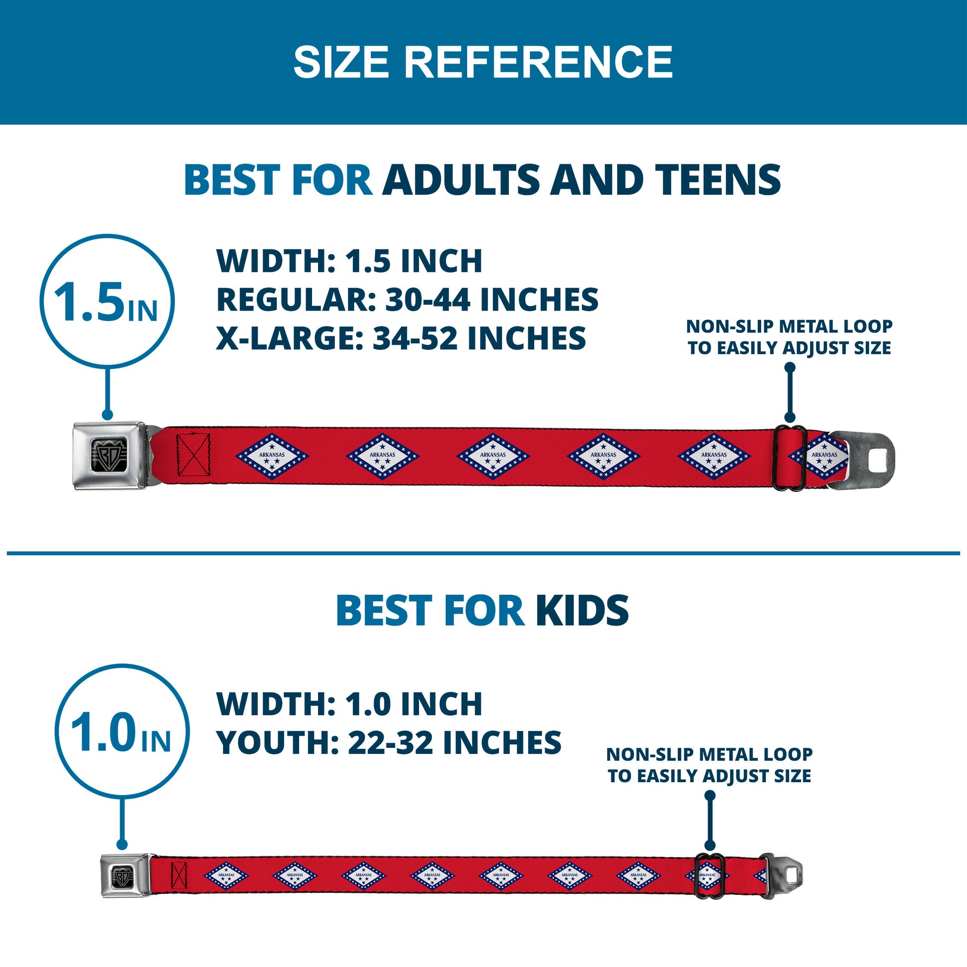 BD Wings Logo CLOSE-UP Black/Silver Seatbelt Belt - Arkansas Flag Red/Blue/White Webbing Seatbelt Belts Buckle-Down