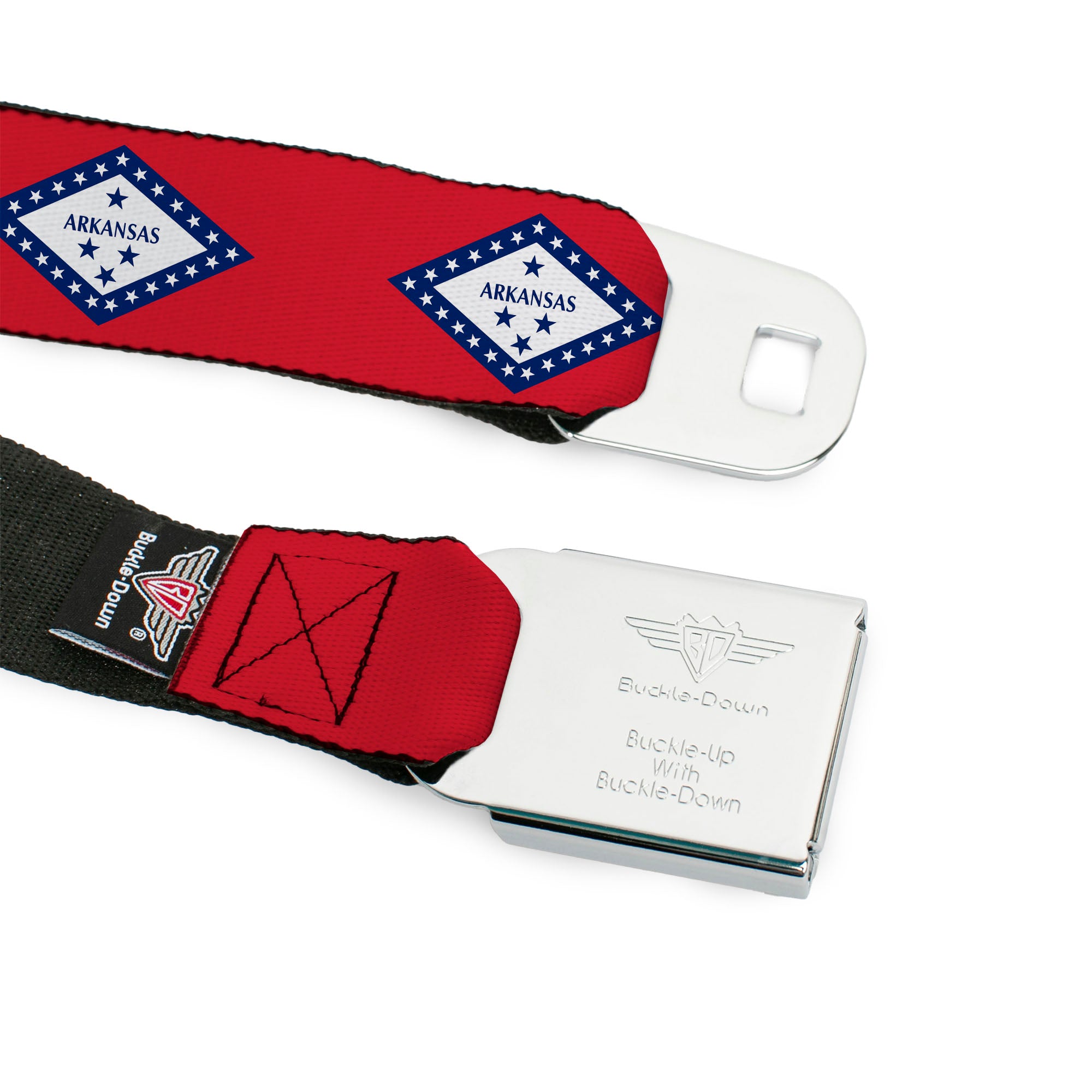 BD Wings Logo CLOSE-UP Black/Silver Seatbelt Belt - Arkansas Flag Red/Blue/White Webbing Seatbelt Belts Buckle-Down