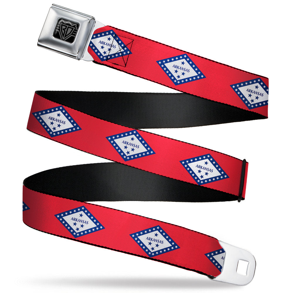 BD Wings Logo CLOSE-UP Black/Silver Seatbelt Belt - Arkansas Flag Red/Blue/White Webbing Seatbelt Belts Buckle-Down