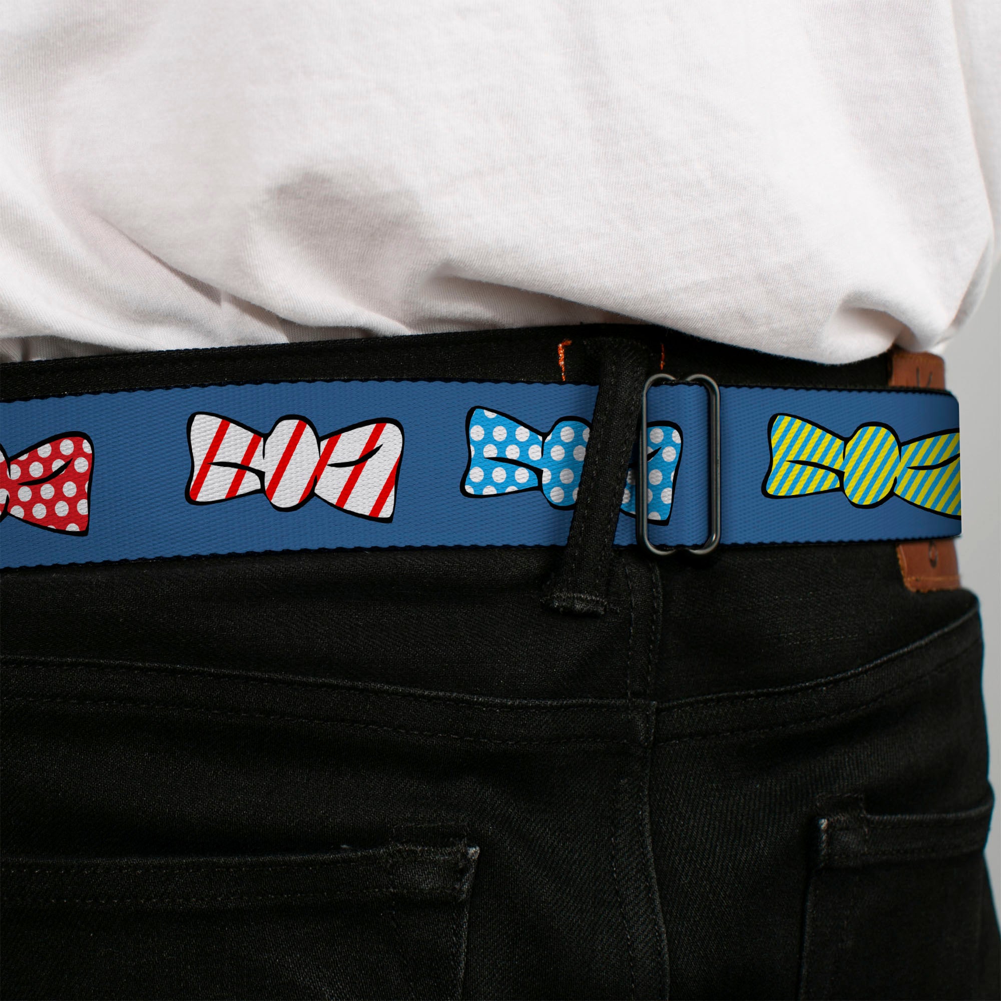 BD Wings Logo CLOSE-UP Full Color Black Silver Seatbelt Belt - Bowties Blue/Multi Color Webbing Seatbelt Belts Buckle-Down