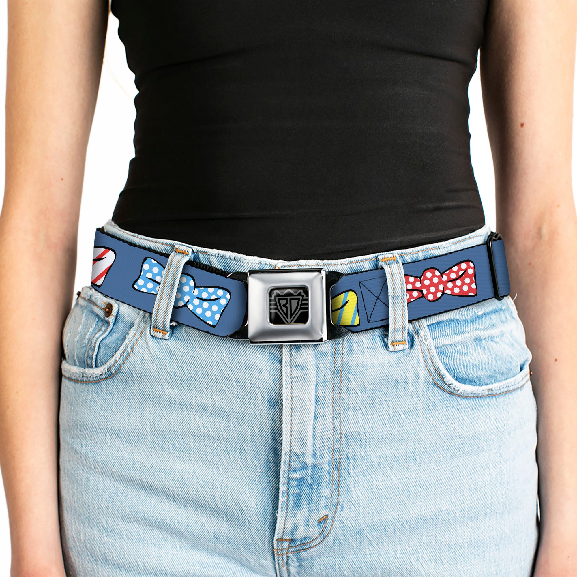 BD Wings Logo CLOSE-UP Full Color Black Silver Seatbelt Belt - Bowties Blue/Multi Color Webbing Seatbelt Belts Buckle-Down