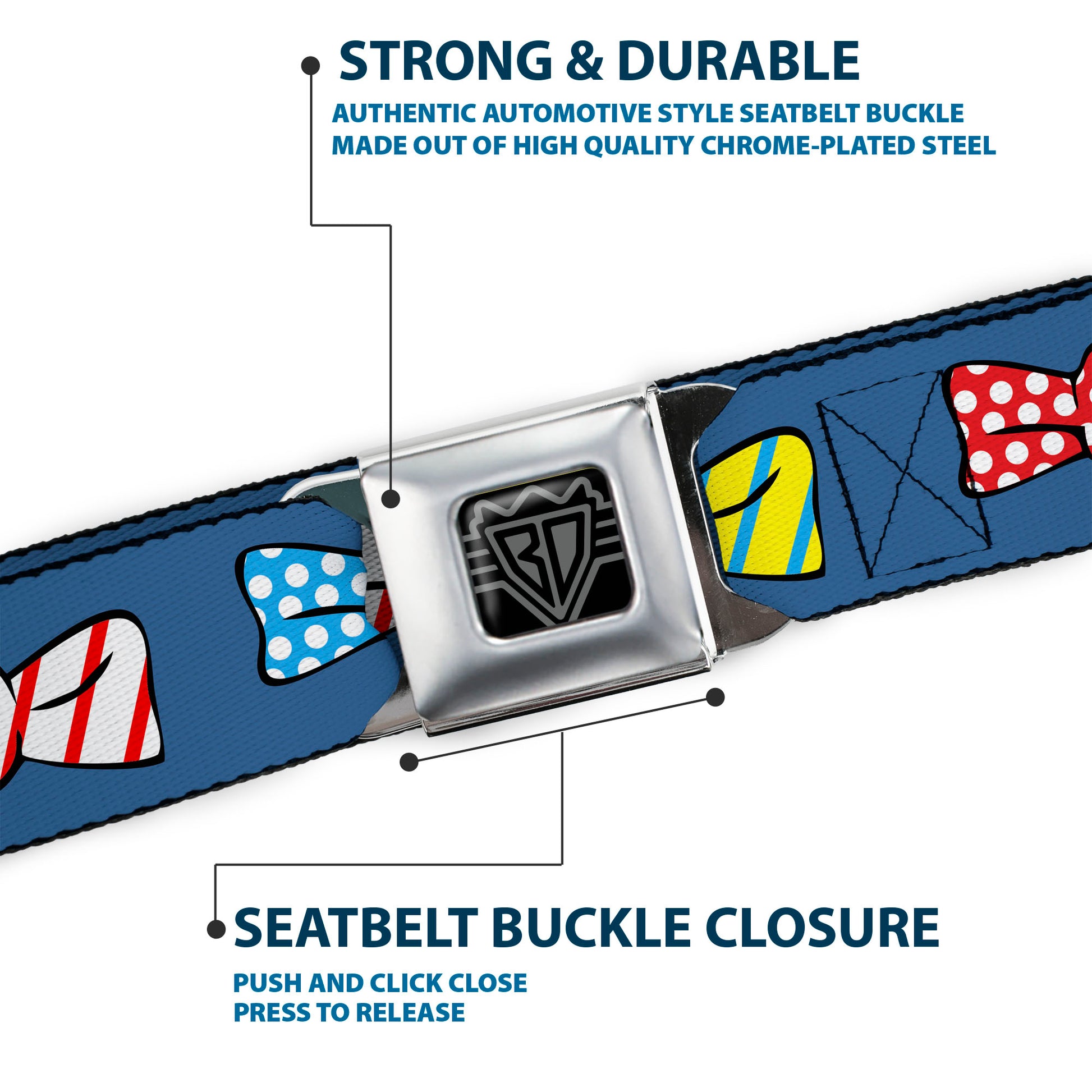 BD Wings Logo CLOSE-UP Full Color Black Silver Seatbelt Belt - Bowties Blue/Multi Color Webbing Seatbelt Belts Buckle-Down