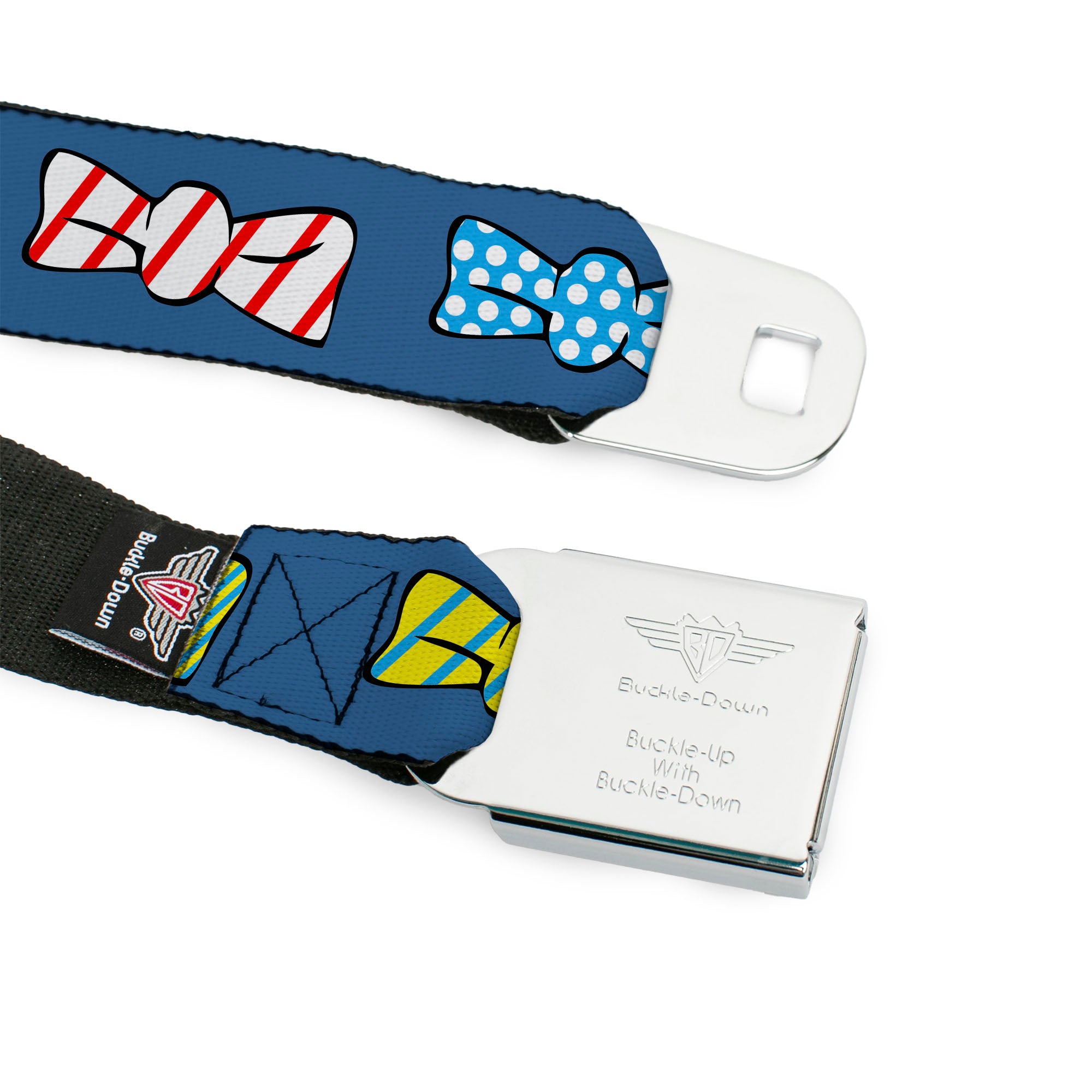 BD Wings Logo CLOSE-UP Full Color Black Silver Seatbelt Belt - Bowties Blue/Multi Color Webbing Seatbelt Belts Buckle-Down