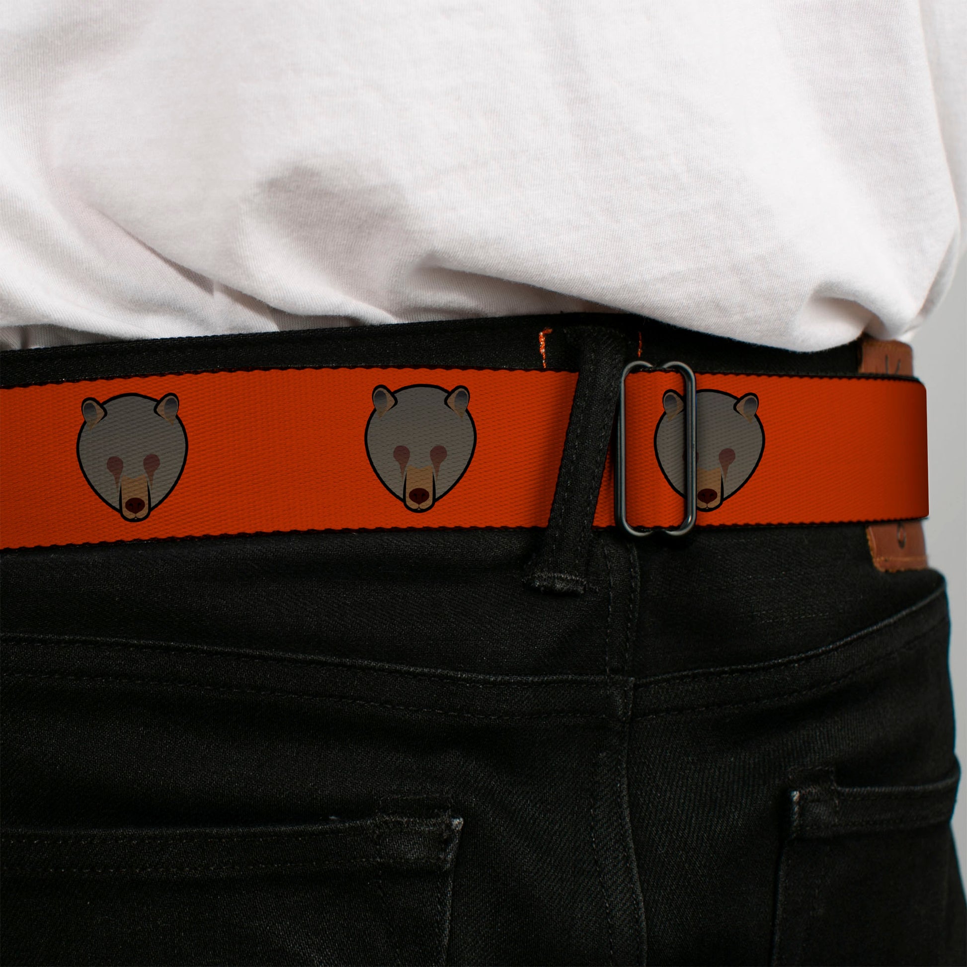 BD Wings Logo CLOSE-UP Full Color Black Silver Seatbelt Belt - Brown Bear Repeat Orange Webbing Seatbelt Belts Buckle-Down