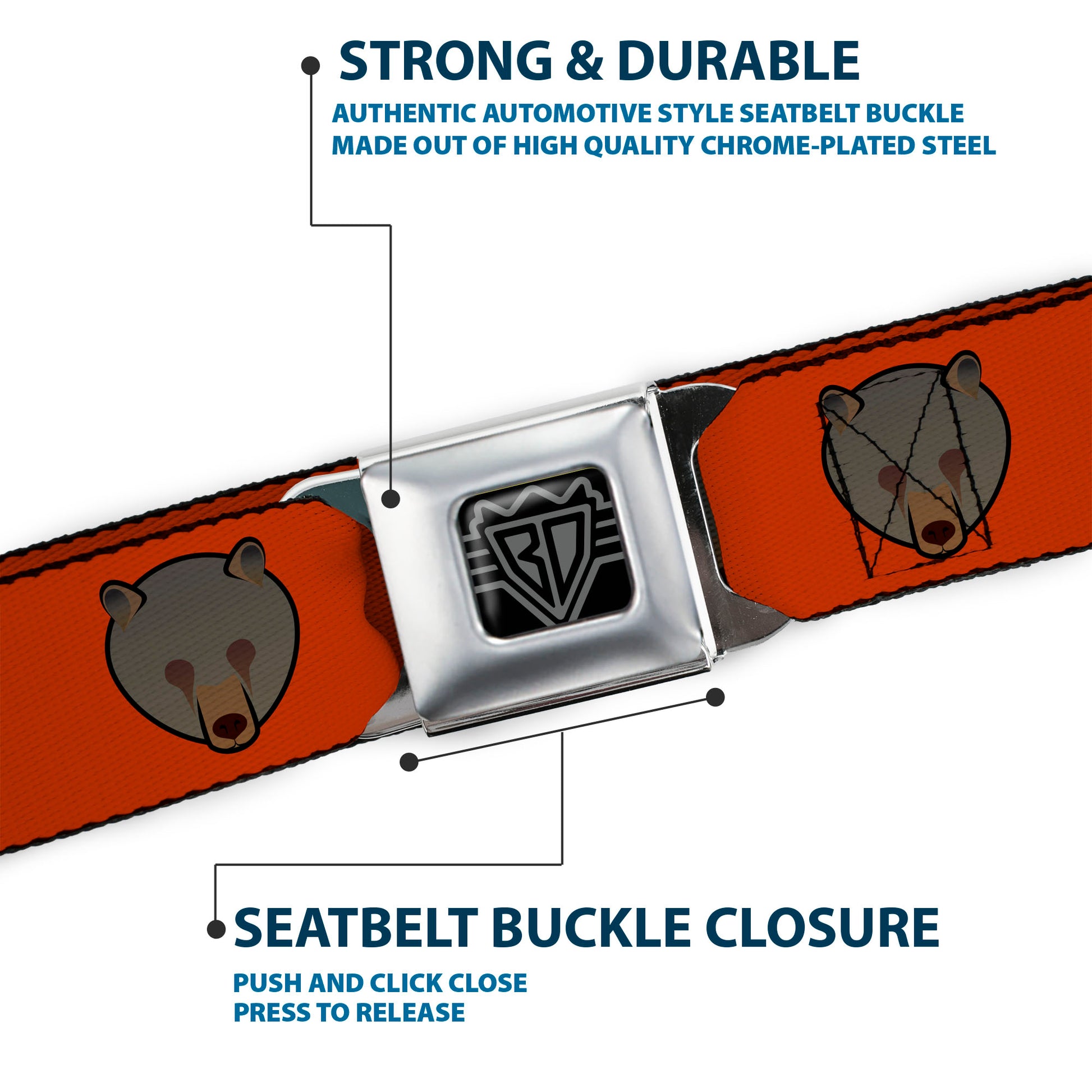 BD Wings Logo CLOSE-UP Full Color Black Silver Seatbelt Belt - Brown Bear Repeat Orange Webbing Seatbelt Belts Buckle-Down