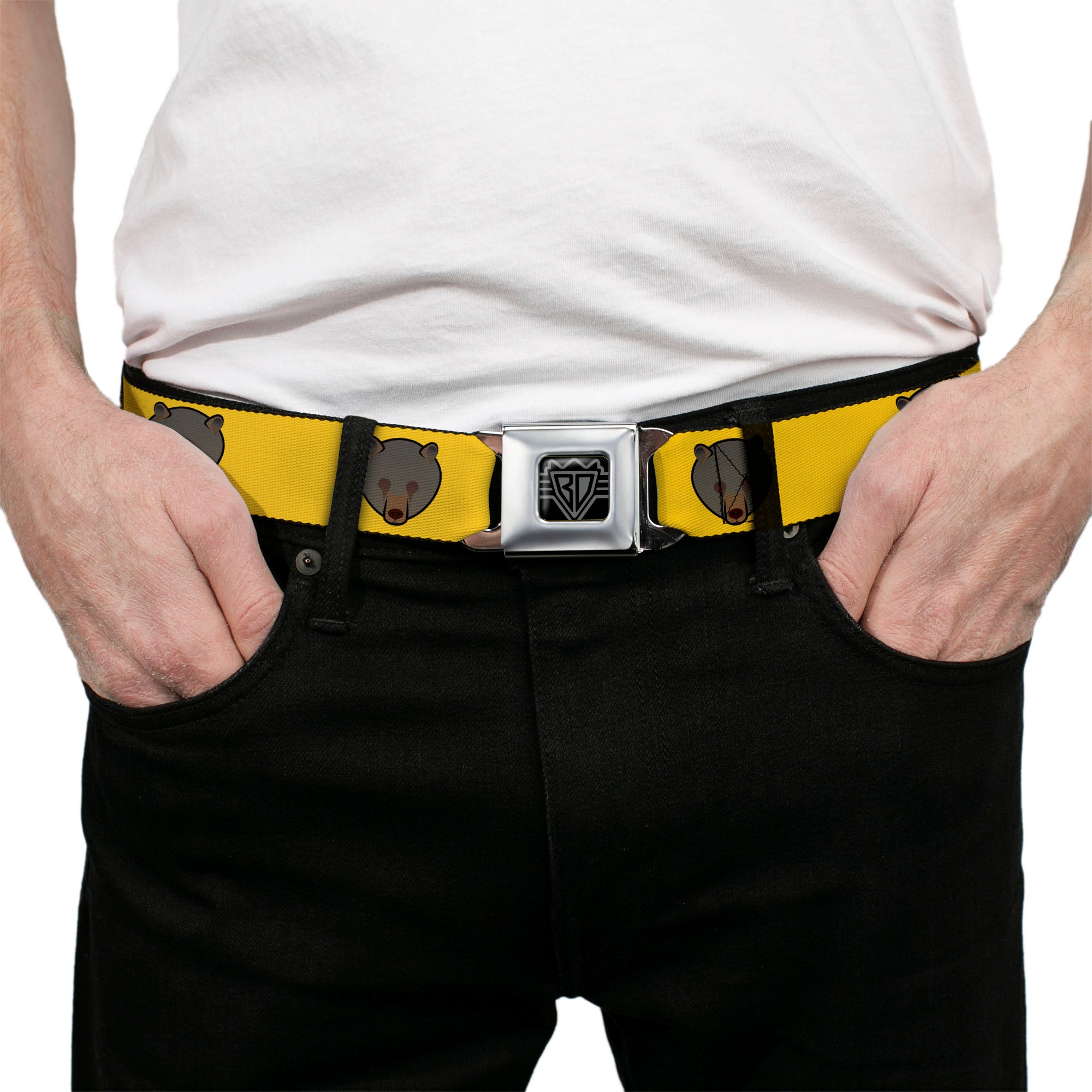 BD Wings Logo CLOSE-UP Full Color Black Silver Seatbelt Belt - Brown Bear Repeat Yellow Webbing Seatbelt Belts Buckle-Down