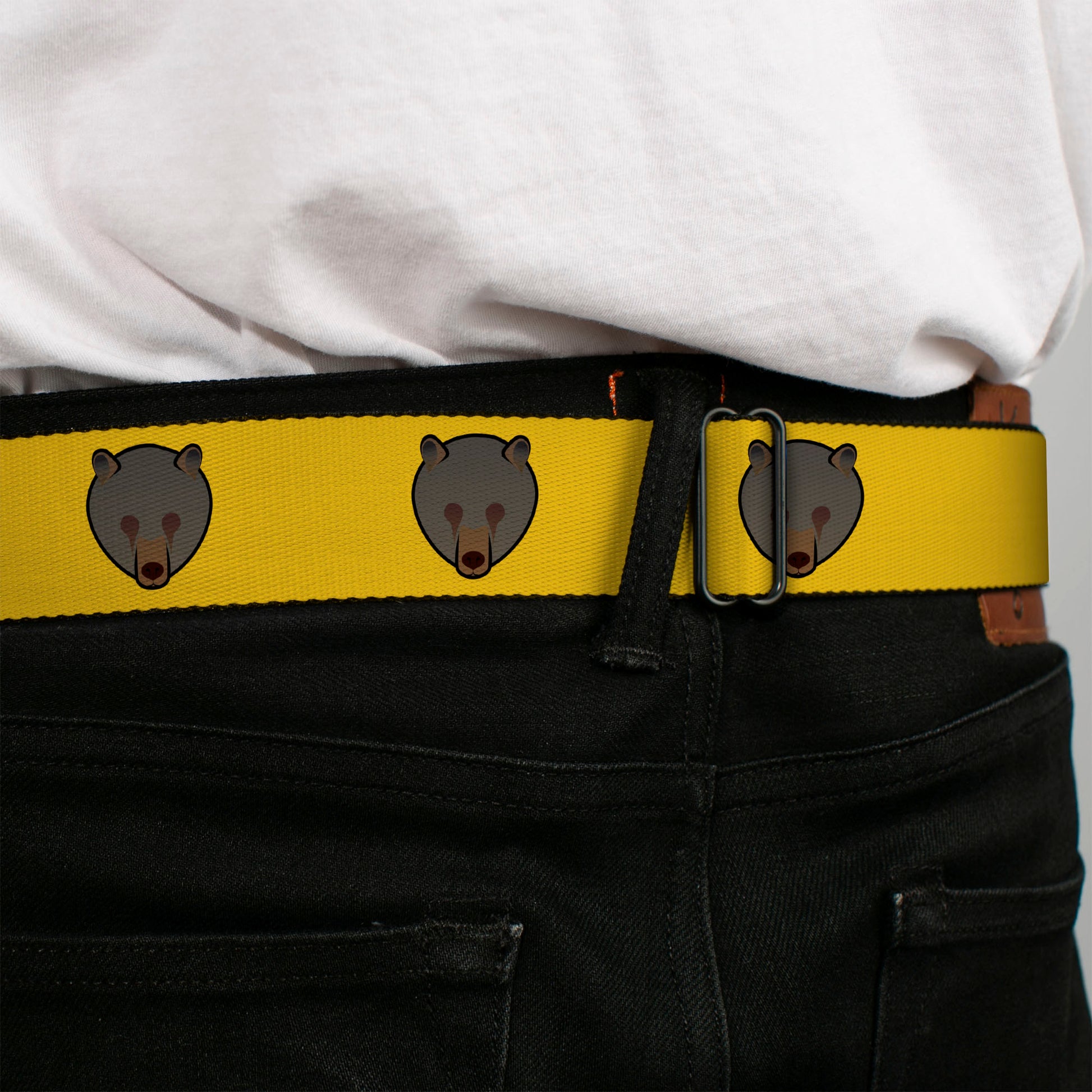BD Wings Logo CLOSE-UP Full Color Black Silver Seatbelt Belt - Brown Bear Repeat Yellow Webbing Seatbelt Belts Buckle-Down