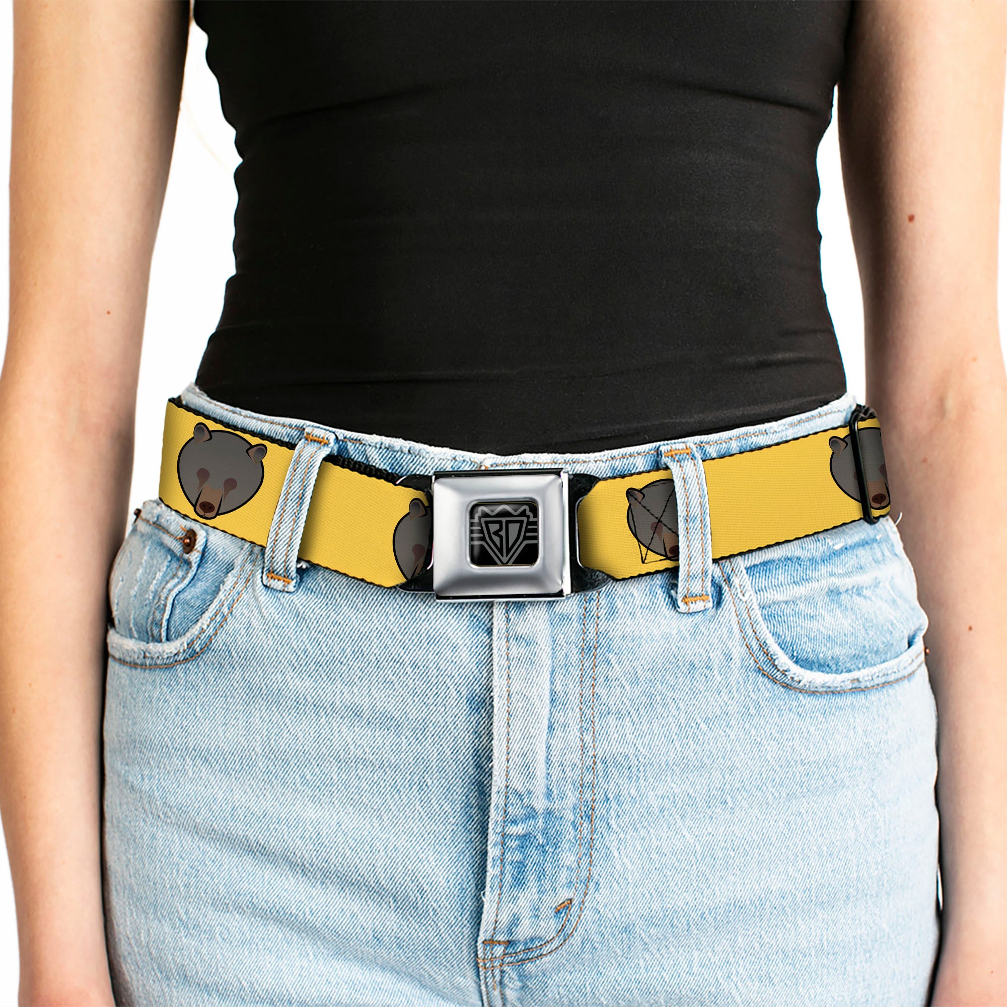 BD Wings Logo CLOSE-UP Full Color Black Silver Seatbelt Belt - Brown Bear Repeat Yellow Webbing Seatbelt Belts Buckle-Down