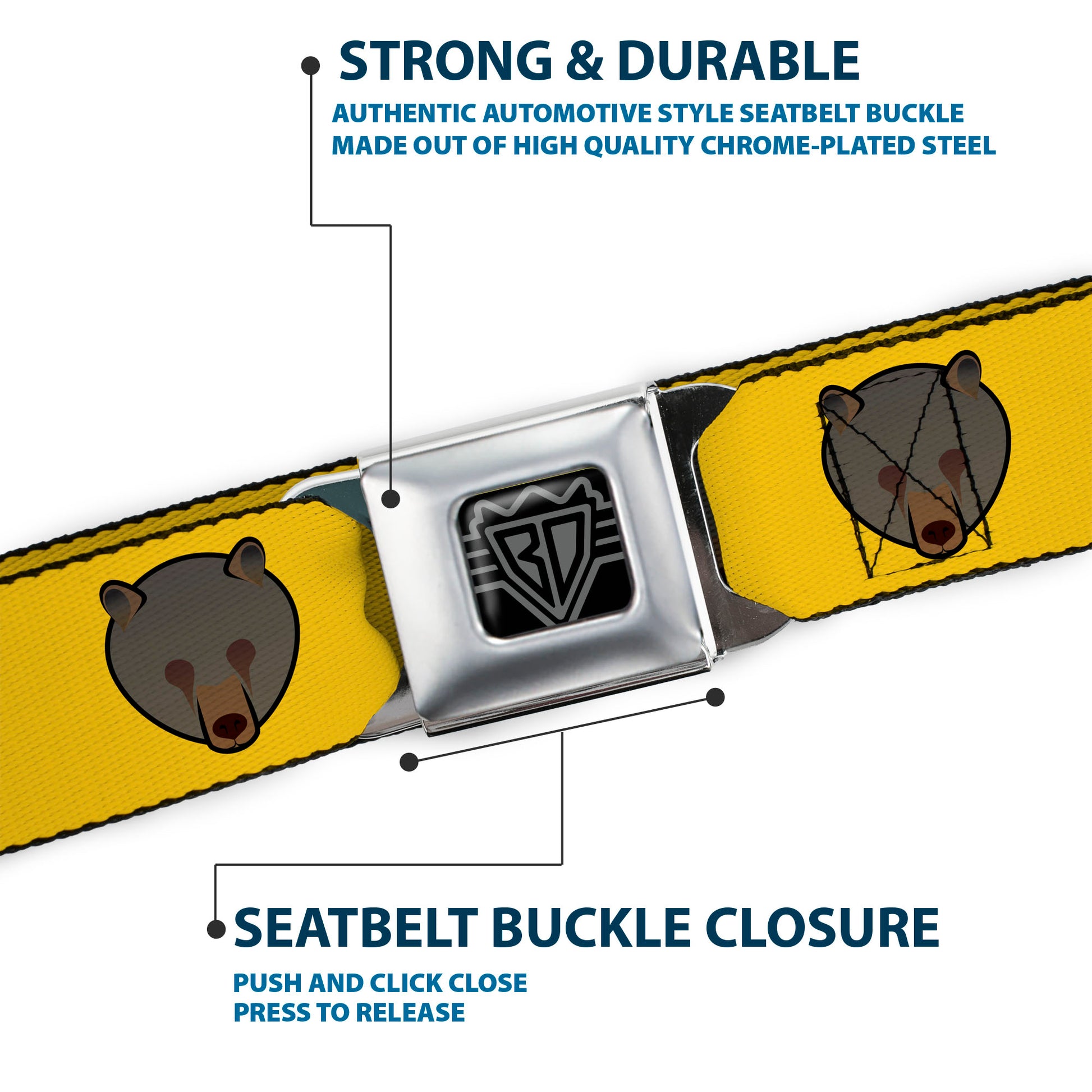 BD Wings Logo CLOSE-UP Full Color Black Silver Seatbelt Belt - Brown Bear Repeat Yellow Webbing Seatbelt Belts Buckle-Down