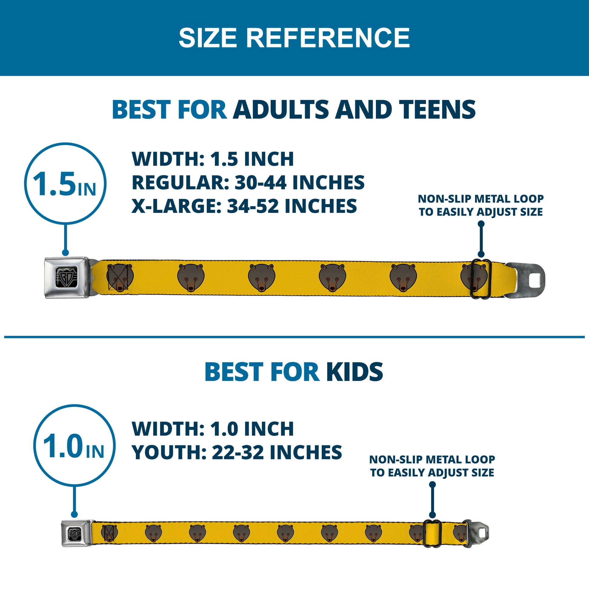 BD Wings Logo CLOSE-UP Full Color Black Silver Seatbelt Belt - Brown Bear Repeat Yellow Webbing Seatbelt Belts Buckle-Down