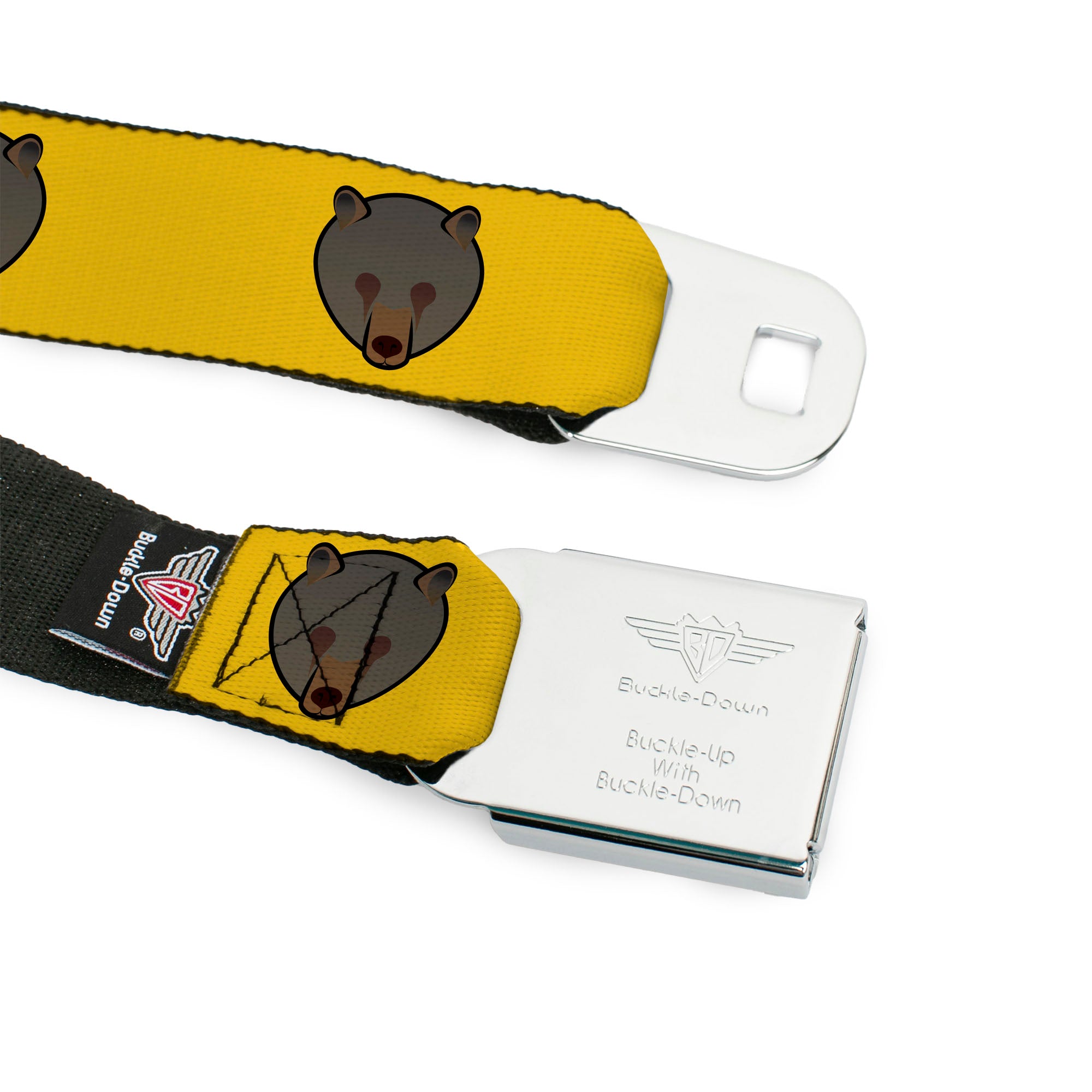 BD Wings Logo CLOSE-UP Full Color Black Silver Seatbelt Belt - Brown Bear Repeat Yellow Webbing Seatbelt Belts Buckle-Down