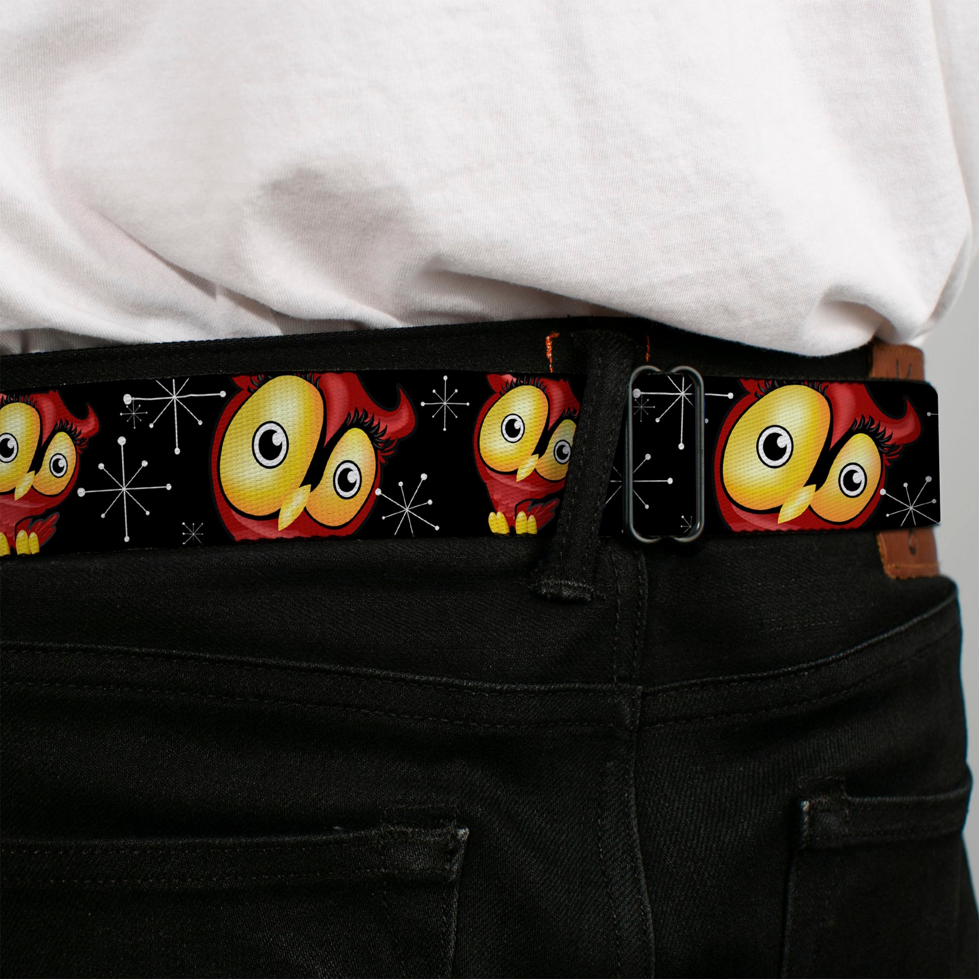 BD Wings Logo CLOSE-UP Full Color Black Silver Seatbelt Belt - Big Eye Owl Webbing Seatbelt Belts Buckle-Down
