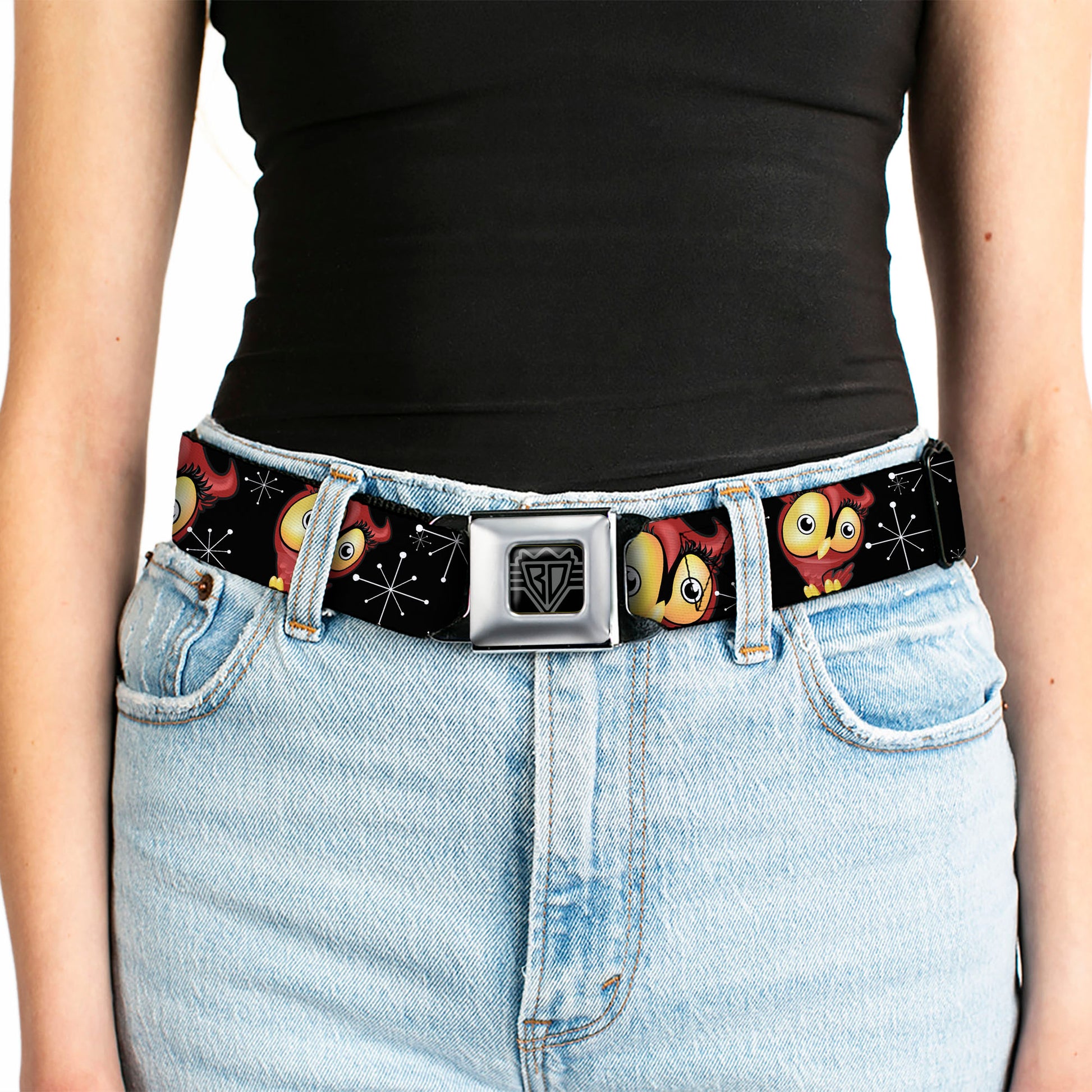 BD Wings Logo CLOSE-UP Full Color Black Silver Seatbelt Belt - Big Eye Owl Webbing Seatbelt Belts Buckle-Down