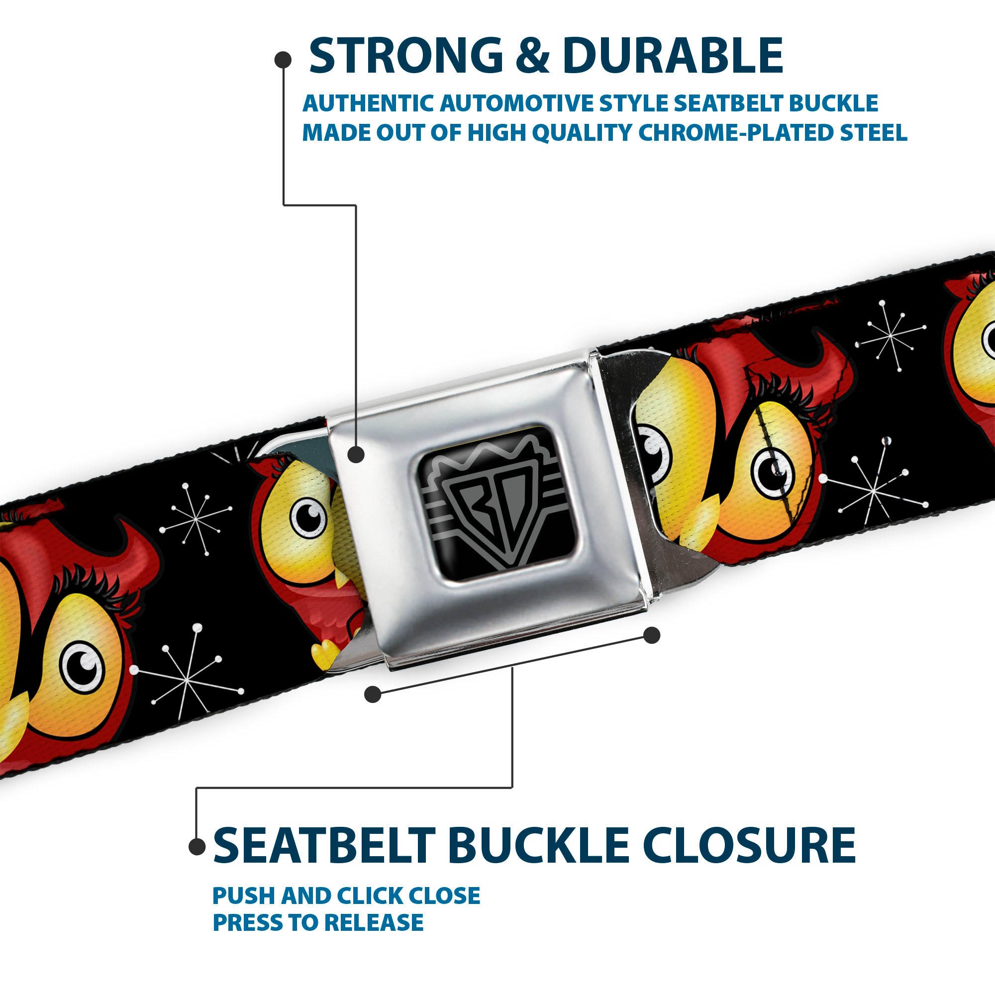BD Wings Logo CLOSE-UP Full Color Black Silver Seatbelt Belt - Big Eye Owl Webbing Seatbelt Belts Buckle-Down