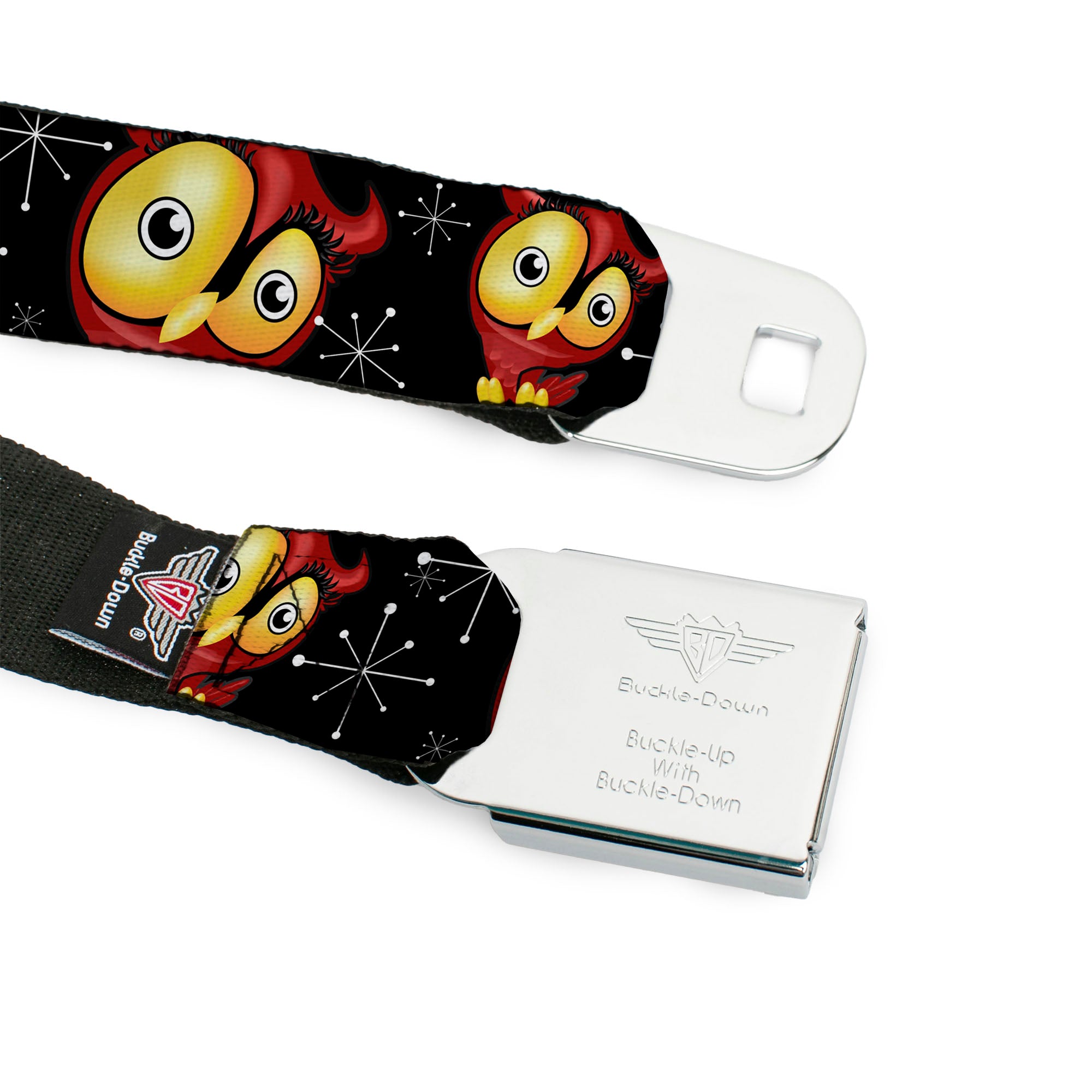 BD Wings Logo CLOSE-UP Full Color Black Silver Seatbelt Belt - Big Eye Owl Webbing Seatbelt Belts Buckle-Down