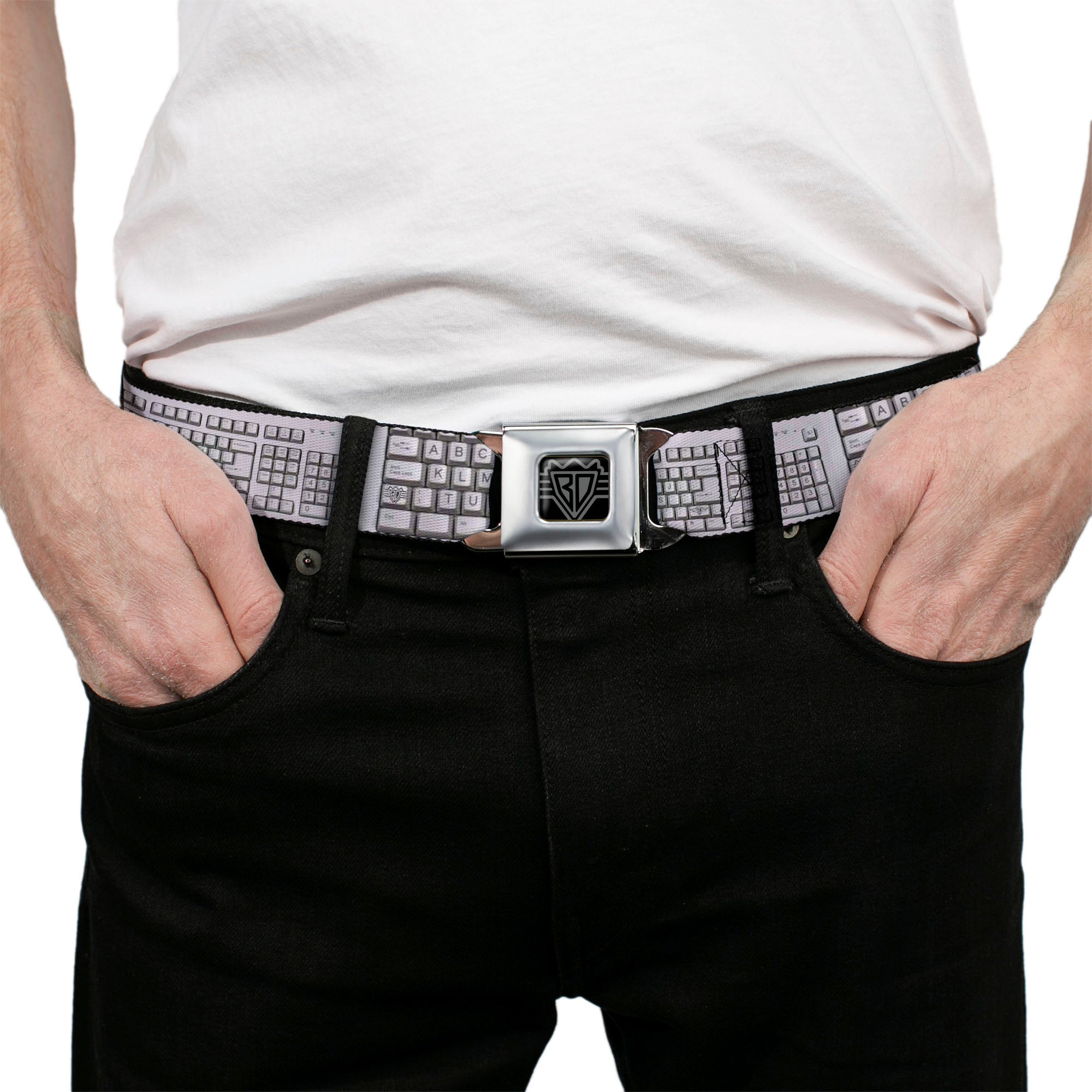 BD Wings Logo CLOSE-UP Full Color Black Silver Seatbelt Belt - BD Keyboard Webbing Seatbelt Belts Buckle-Down