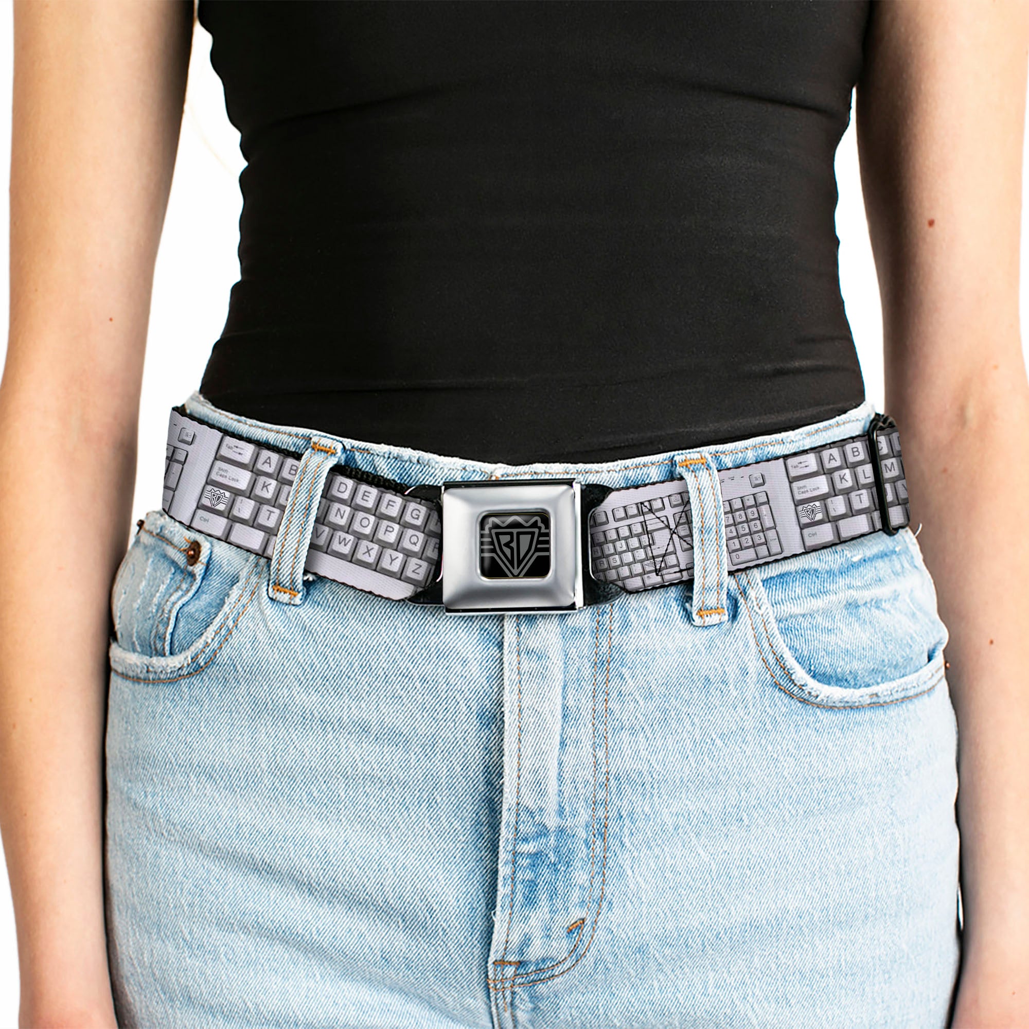 BD Wings Logo CLOSE-UP Full Color Black Silver Seatbelt Belt - BD Keyboard Webbing Seatbelt Belts Buckle-Down