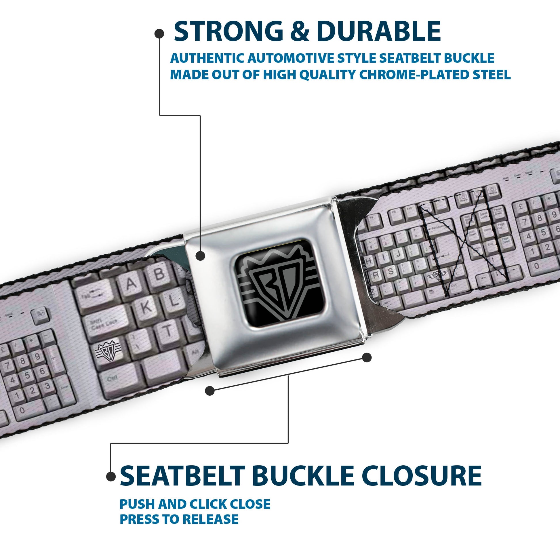 BD Wings Logo CLOSE-UP Full Color Black Silver Seatbelt Belt - BD Keyboard Webbing Seatbelt Belts Buckle-Down