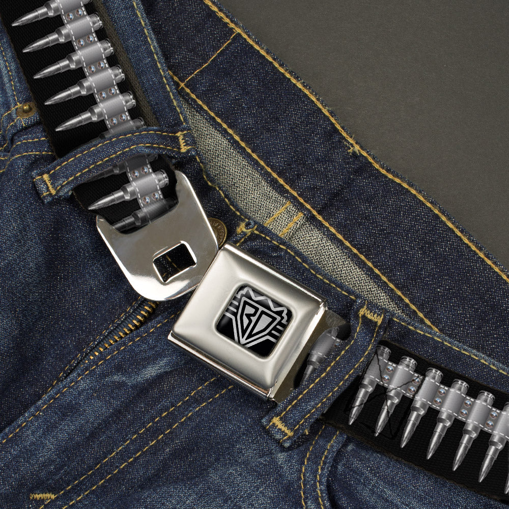 BD Wings Logo CLOSE-UP Black/Silver Seatbelt Belt - Printed Bullets Pattern Black/Gray Webbing Seatbelt Belts Buckle-Down