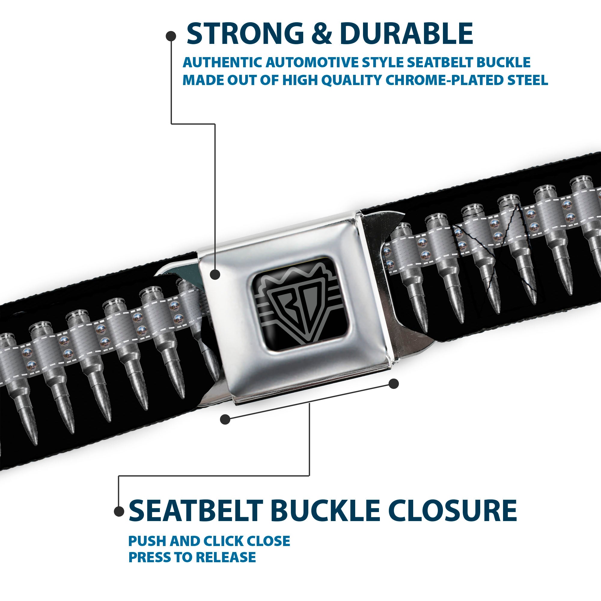 BD Wings Logo CLOSE-UP Black/Silver Seatbelt Belt - Printed Bullets Pattern Black/Gray Webbing Seatbelt Belts Buckle-Down