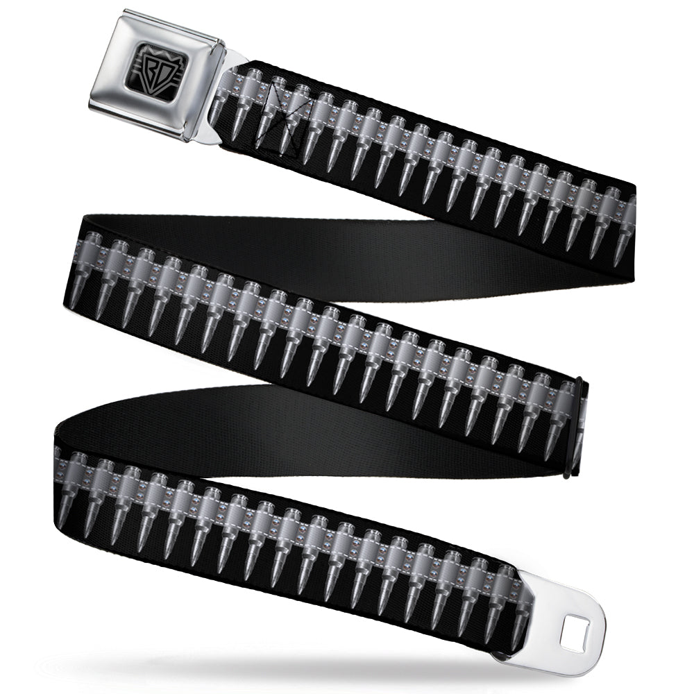 BD Wings Logo CLOSE-UP Black/Silver Seatbelt Belt - Printed Bullets Pattern Black/Gray Webbing Seatbelt Belts Buckle-Down
