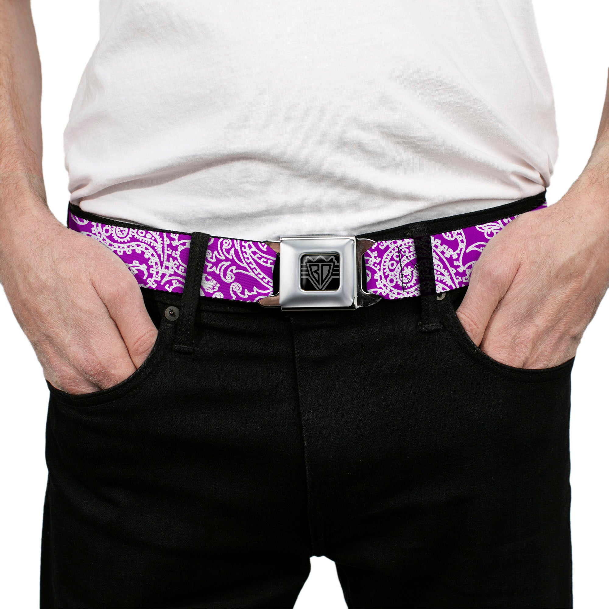 BD Wings Logo CLOSE-UP Full Color Black Silver Seatbelt Belt - Bandana/Skulls Purple/White Webbing Seatbelt Belts Buckle-Down