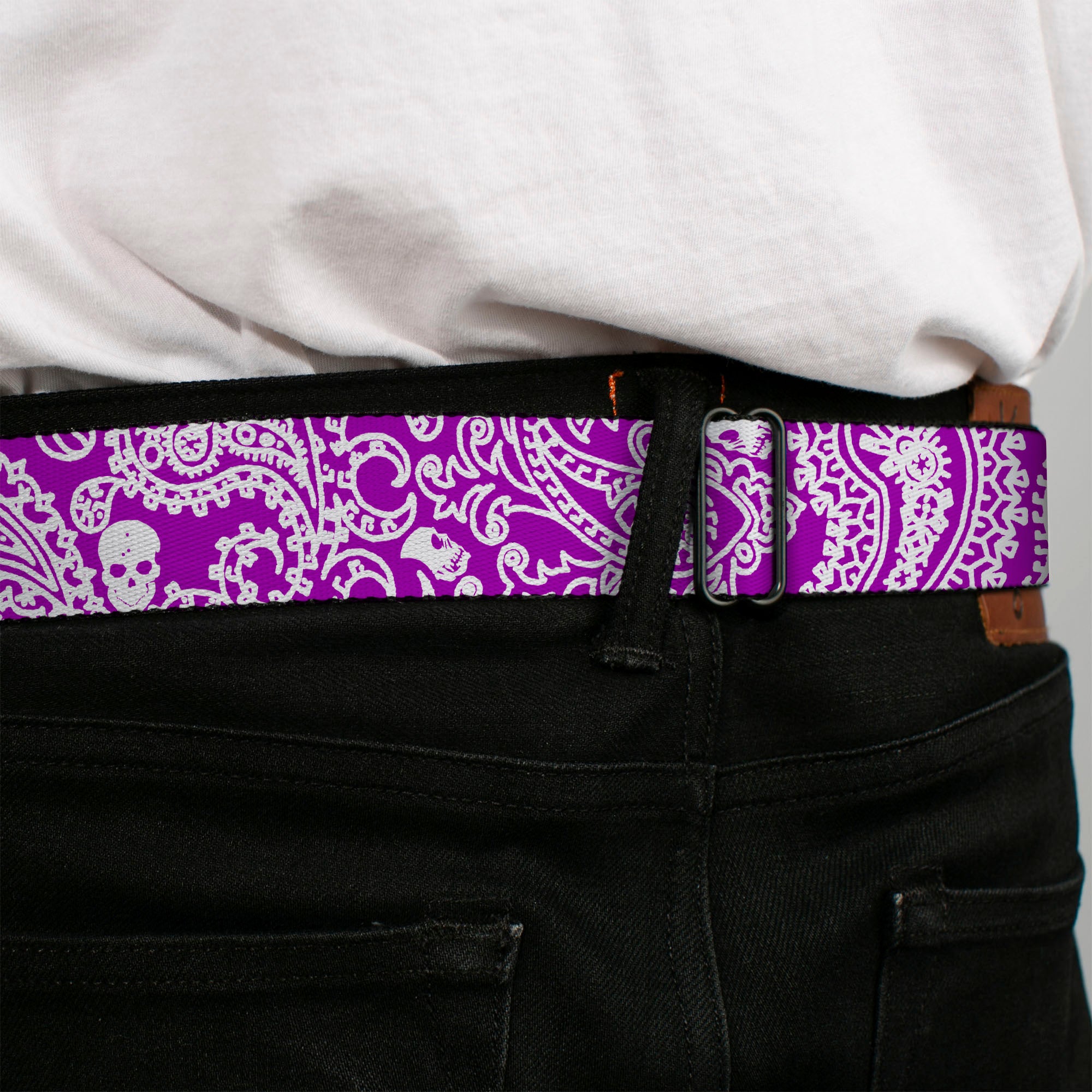 BD Wings Logo CLOSE-UP Full Color Black Silver Seatbelt Belt - Bandana/Skulls Purple/White Webbing Seatbelt Belts Buckle-Down
