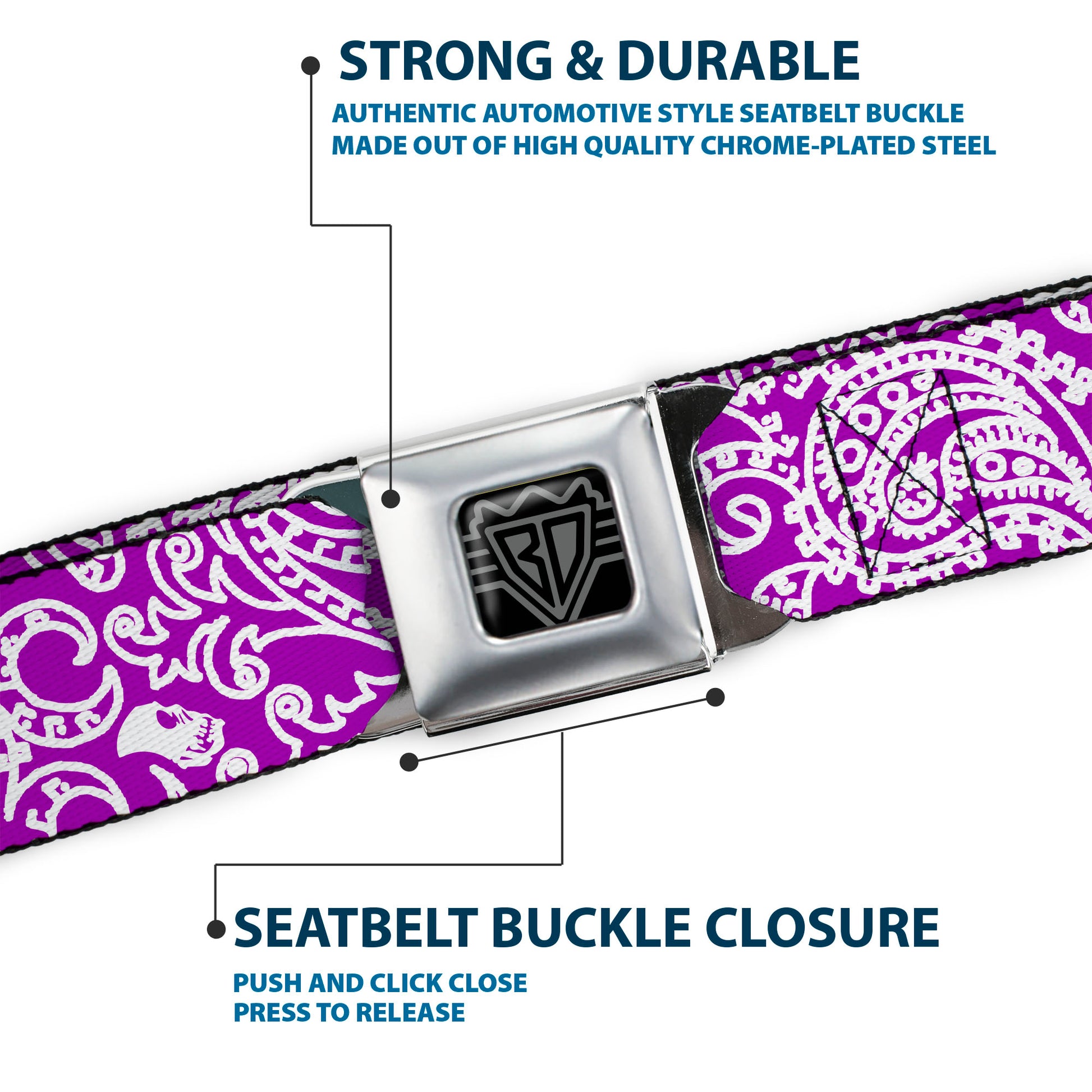BD Wings Logo CLOSE-UP Full Color Black Silver Seatbelt Belt - Bandana/Skulls Purple/White Webbing Seatbelt Belts Buckle-Down