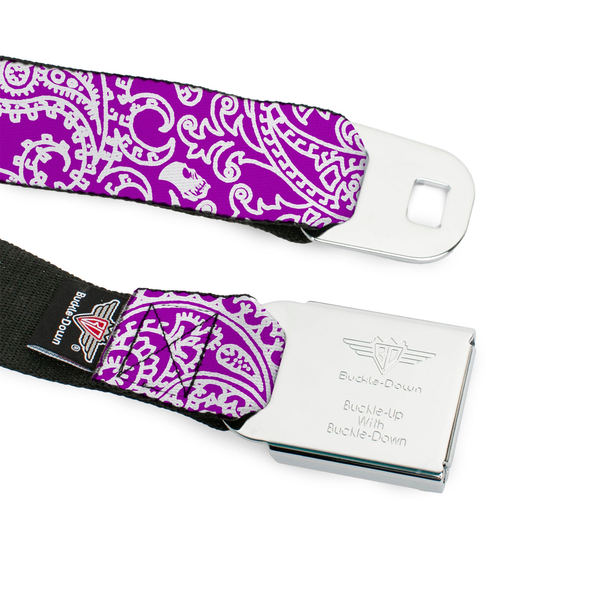 BD Wings Logo CLOSE-UP Full Color Black Silver Seatbelt Belt - Bandana/Skulls Purple/White Webbing Seatbelt Belts Buckle-Down