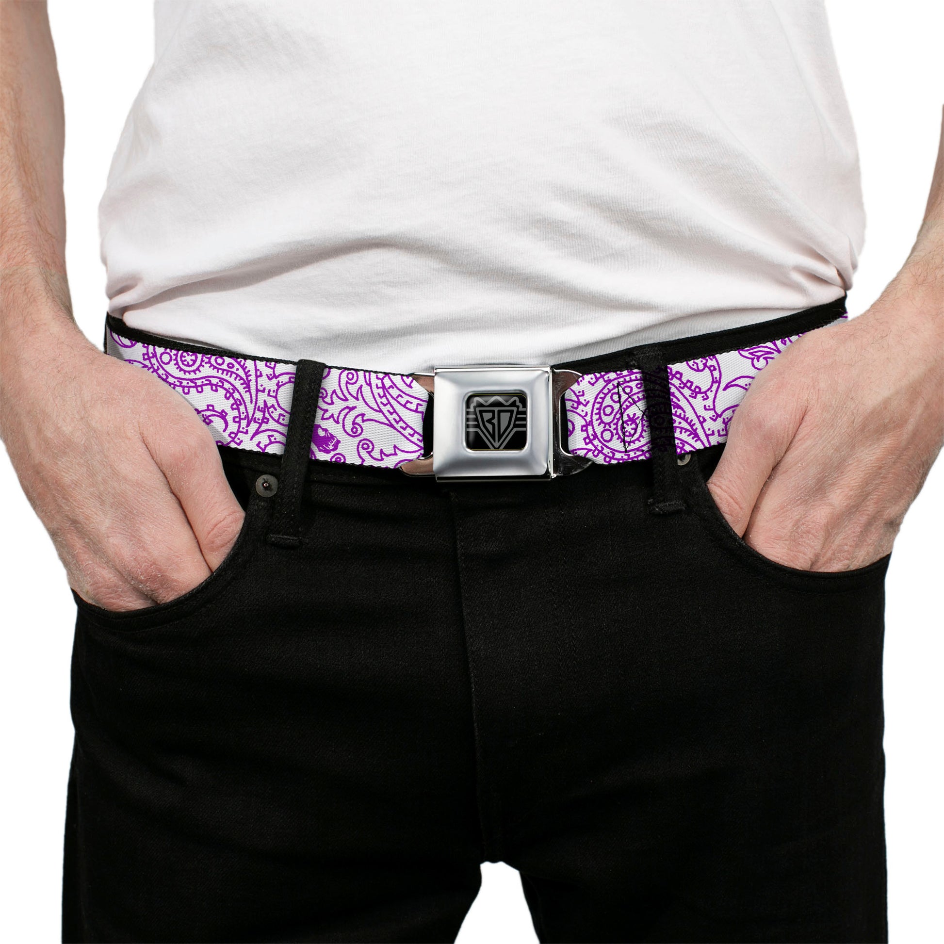 BD Wings Logo CLOSE-UP Full Color Black Silver Seatbelt Belt - Bandana/Skulls White/Purple Webbing Seatbelt Belts Buckle-Down