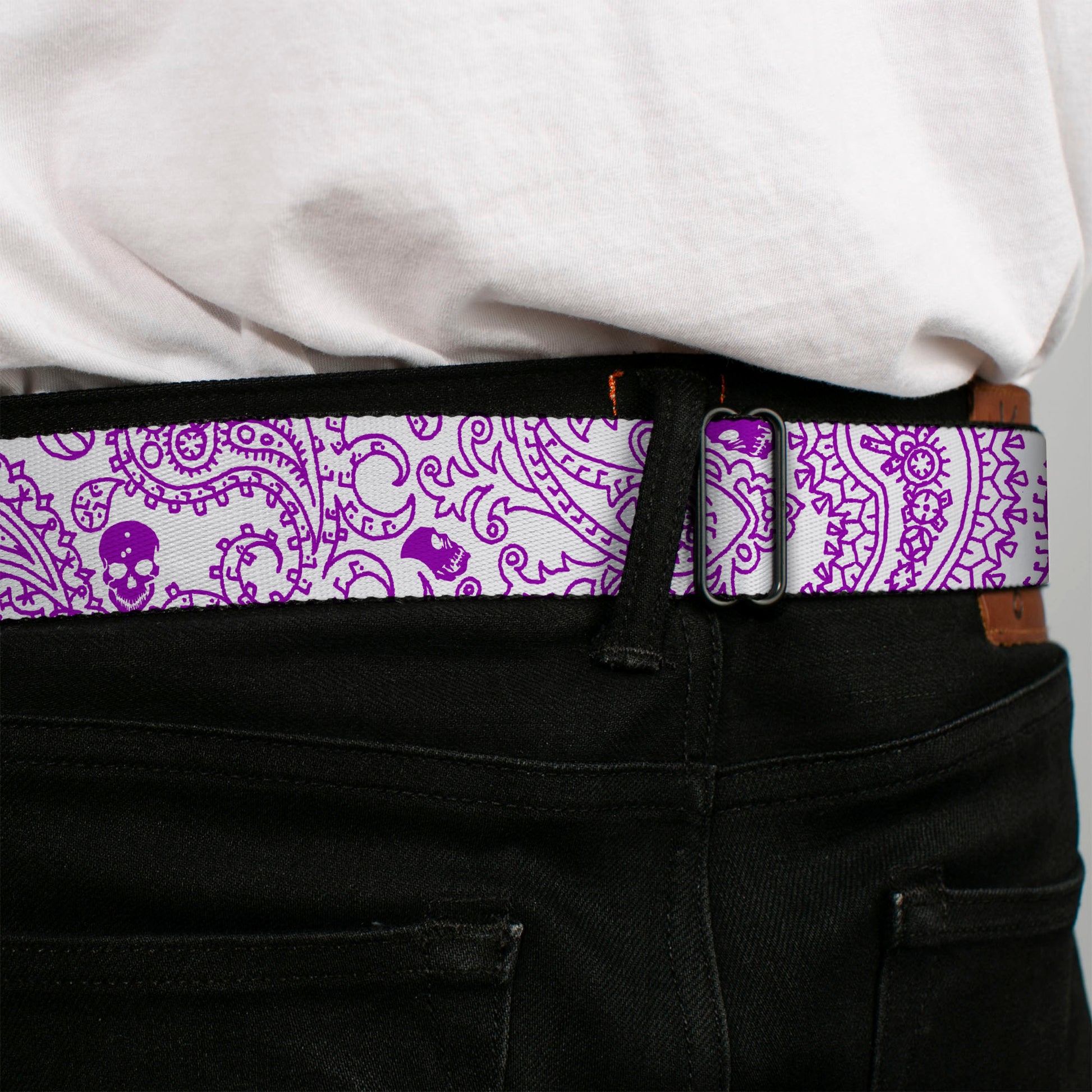 BD Wings Logo CLOSE-UP Full Color Black Silver Seatbelt Belt - Bandana/Skulls White/Purple Webbing Seatbelt Belts Buckle-Down