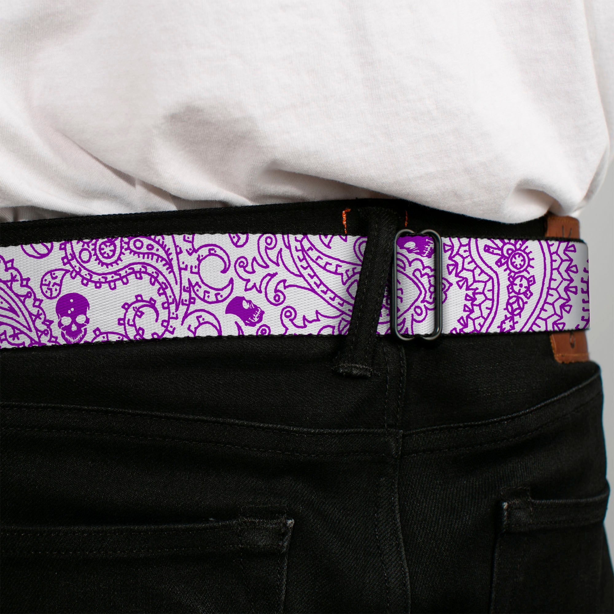 BD Wings Logo CLOSE-UP Full Color Black Silver Seatbelt Belt - Bandana/Skulls White/Purple Webbing Seatbelt Belts Buckle-Down
