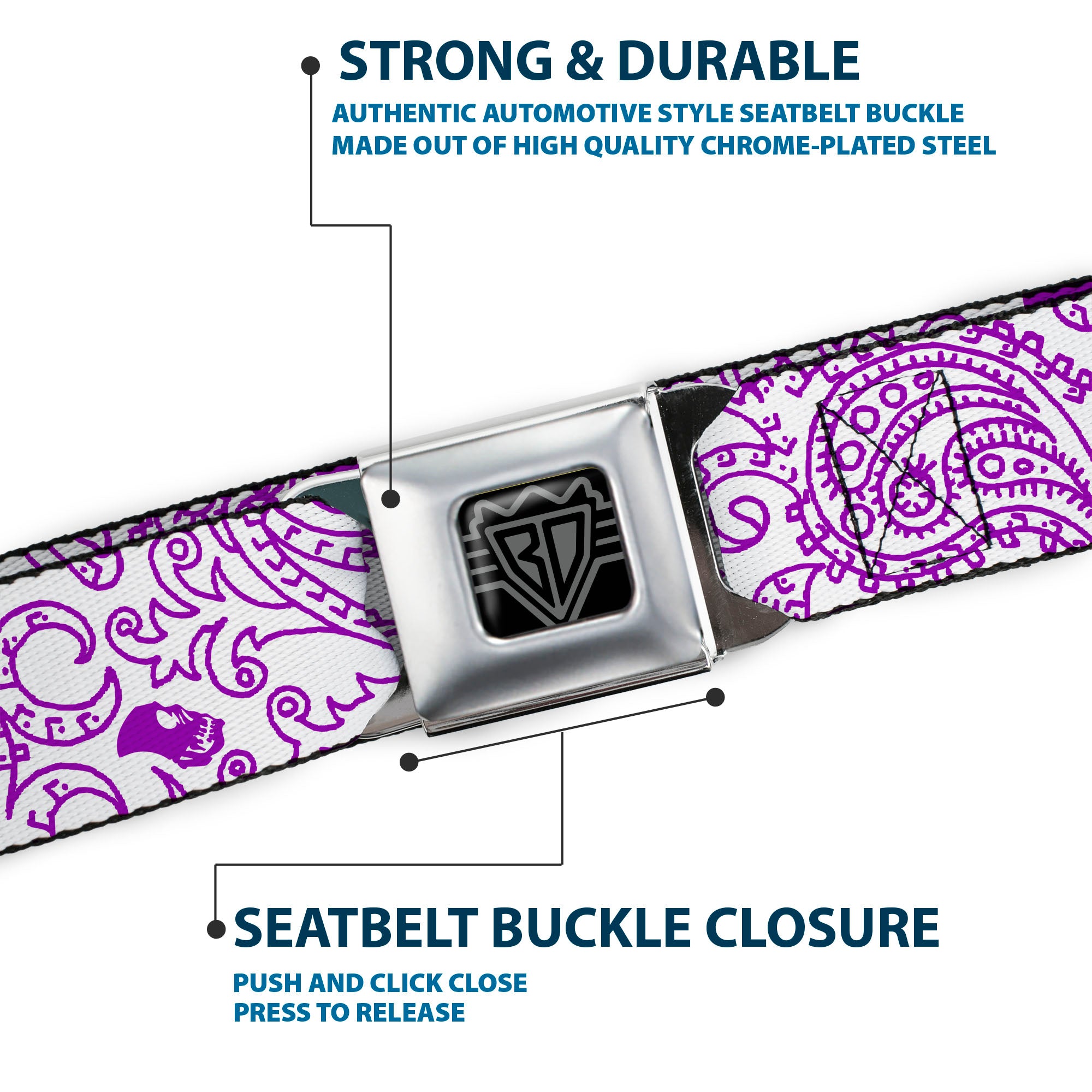 BD Wings Logo CLOSE-UP Full Color Black Silver Seatbelt Belt - Bandana/Skulls White/Purple Webbing Seatbelt Belts Buckle-Down