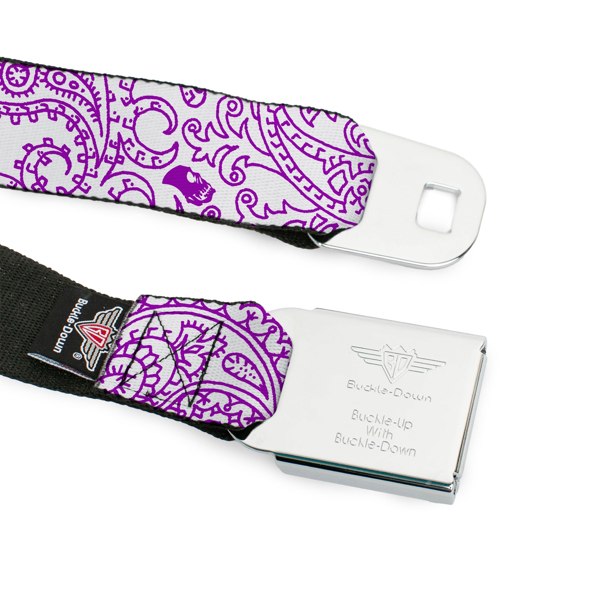BD Wings Logo CLOSE-UP Full Color Black Silver Seatbelt Belt - Bandana/Skulls White/Purple Webbing Seatbelt Belts Buckle-Down