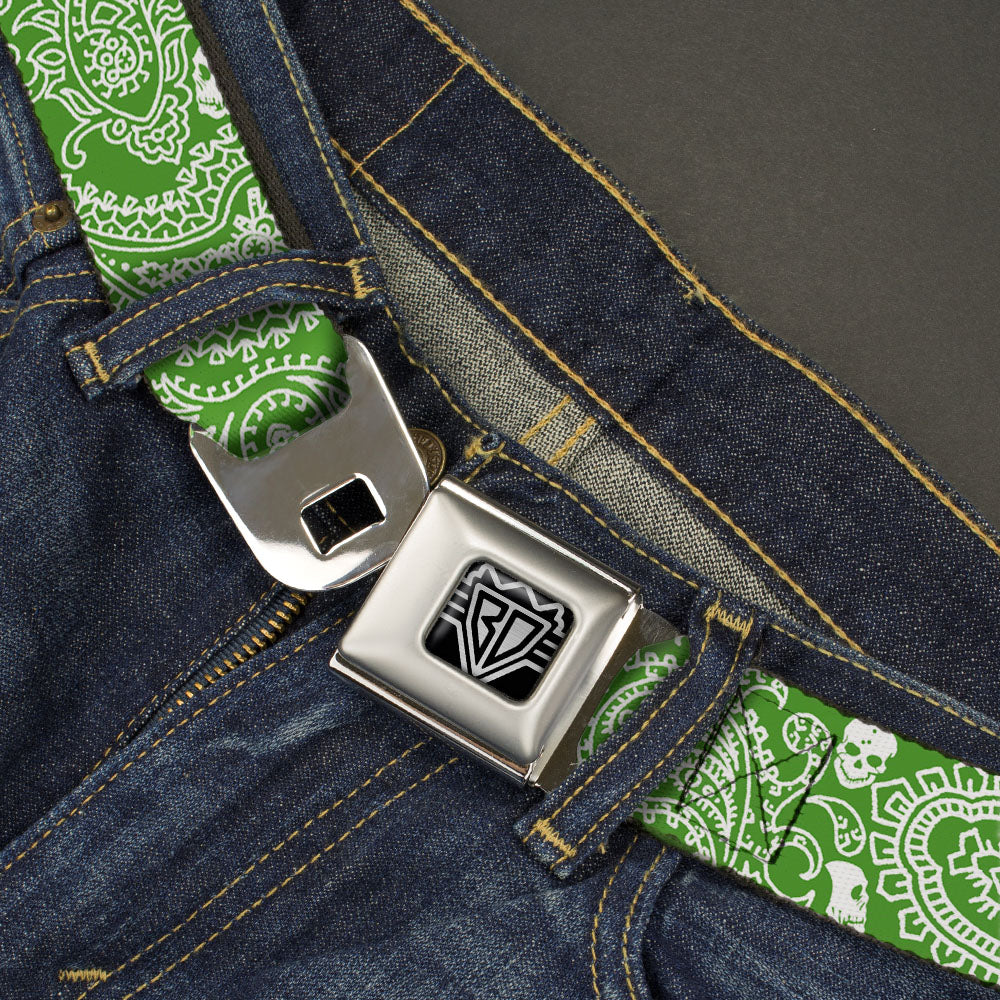 BD Wings Logo CLOSE-UP Full Color Black Silver Seatbelt Belt - Bandana/Skulls Irish Green/White Webbing Seatbelt Belts Buckle-Down