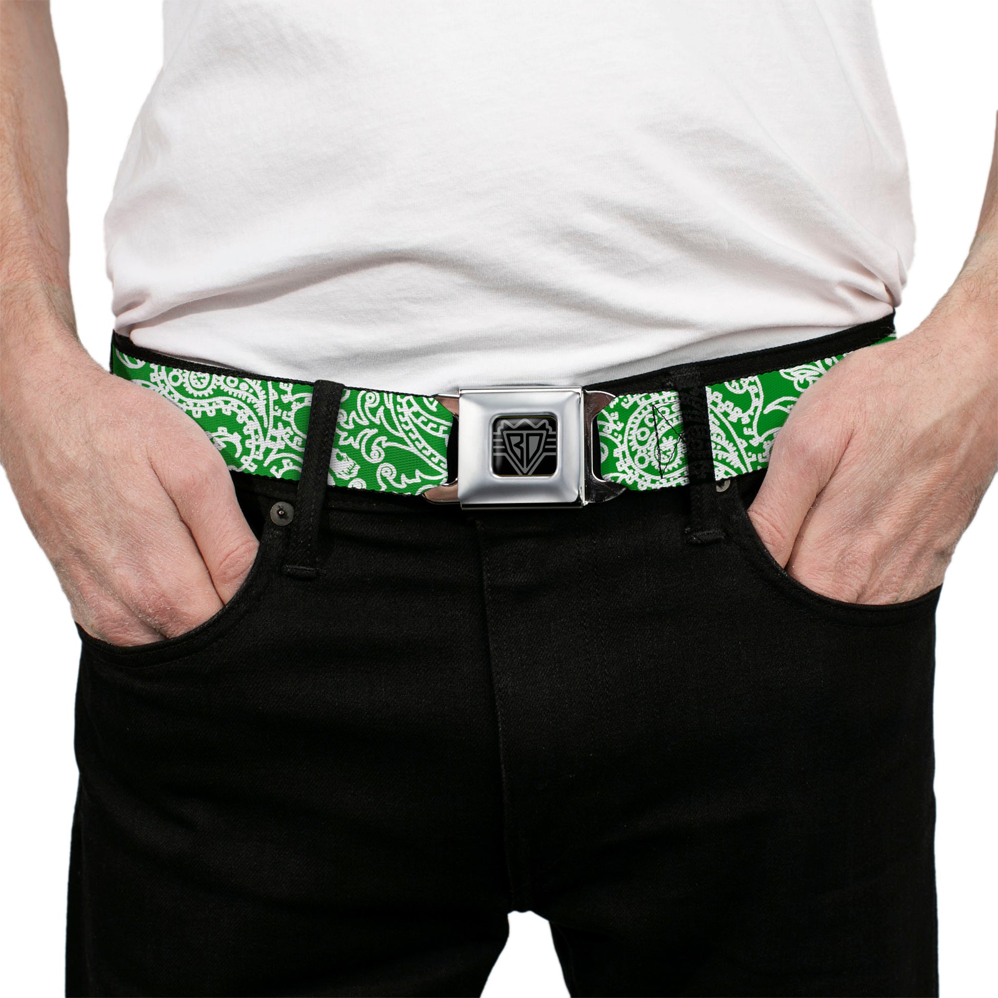 BD Wings Logo CLOSE-UP Full Color Black Silver Seatbelt Belt - Bandana/Skulls Irish Green/White Webbing Seatbelt Belts Buckle-Down
