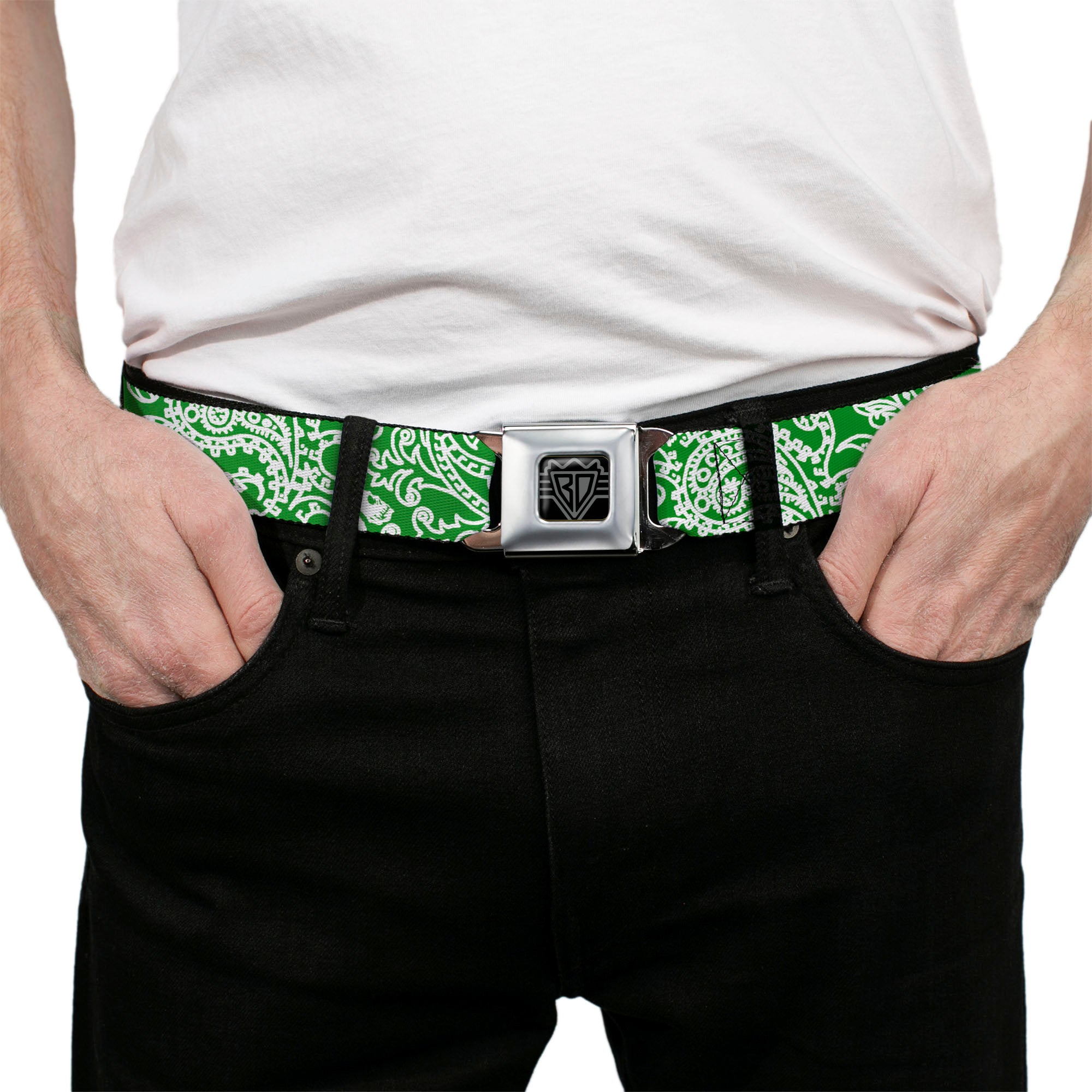 BD Wings Logo CLOSE-UP Full Color Black Silver Seatbelt Belt - Bandana/Skulls Irish Green/White Webbing Seatbelt Belts Buckle-Down