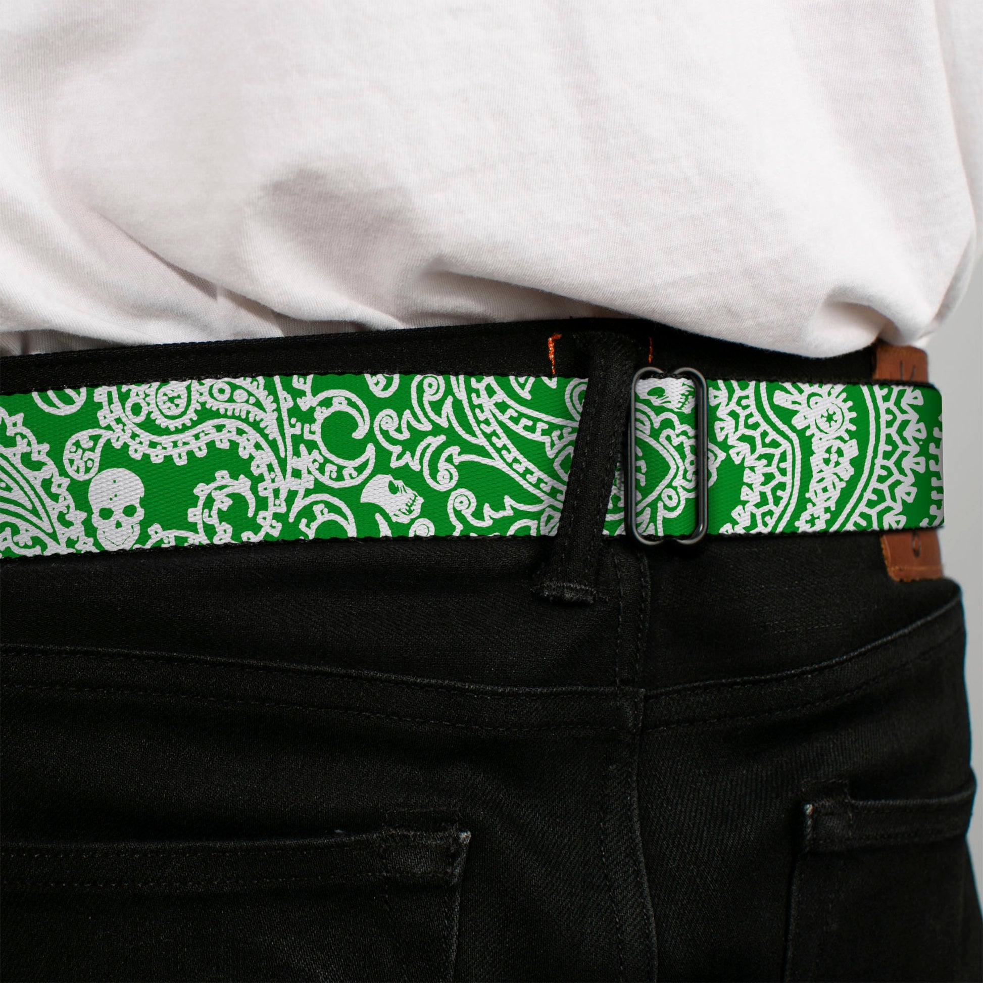 BD Wings Logo CLOSE-UP Full Color Black Silver Seatbelt Belt - Bandana/Skulls Irish Green/White Webbing Seatbelt Belts Buckle-Down